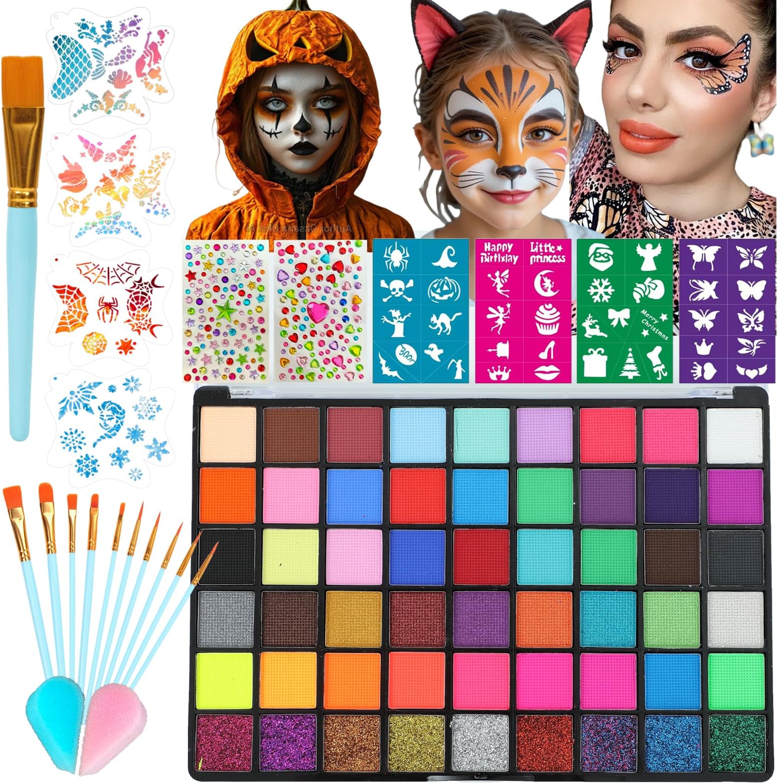 Face Painting Kit for Kids, 54 Colors Professional Face Paint Makeup Kit Non-Toxic Water Activated Facepaint Palette with Brush, Stencil, Sponge, Gem, for Party Halloween (54 Colors)