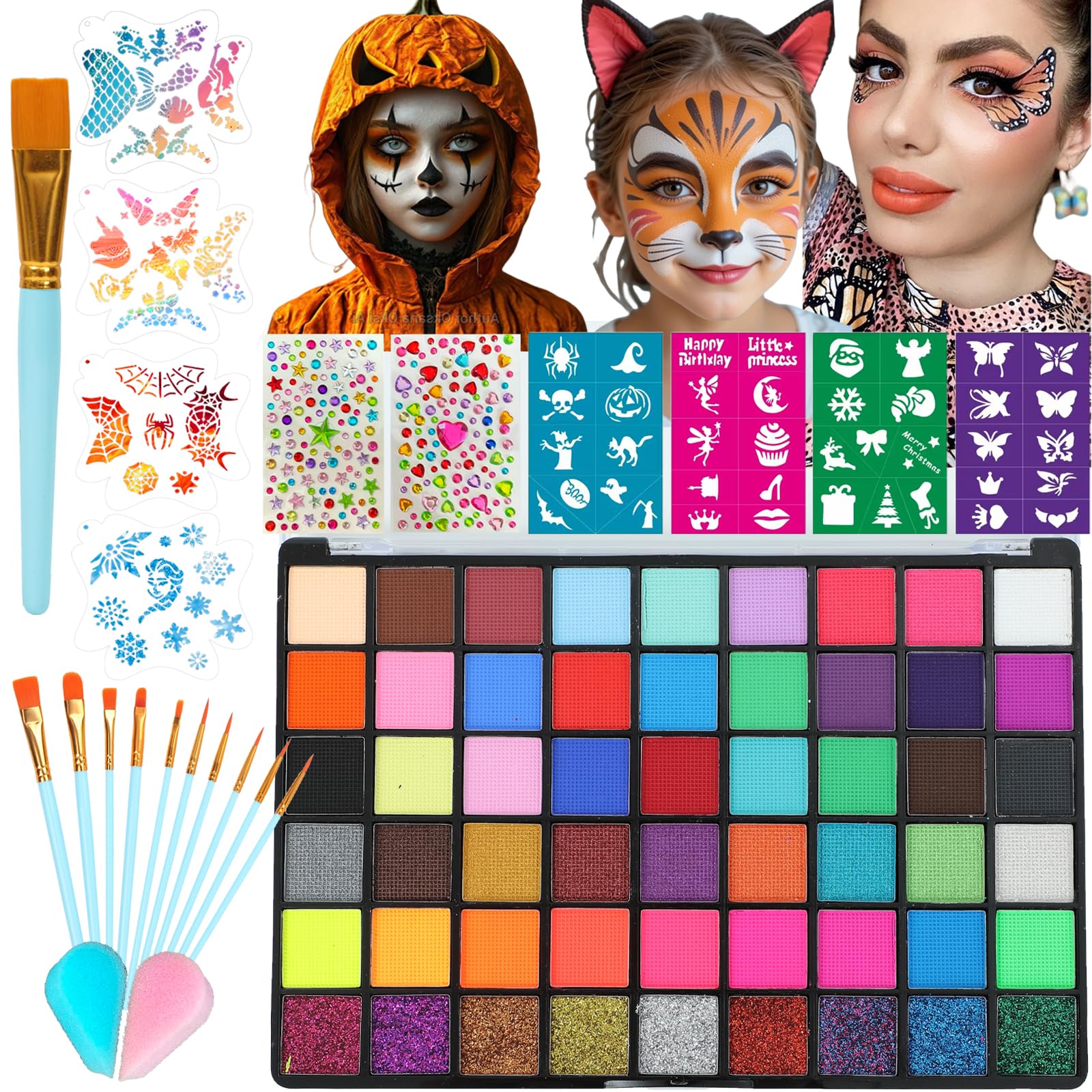 Face Painting Kit for Kids, 54 Colors Professional Face Paint Makeup Kit Non-Toxic Water Activated Facepaint Pallette with Brushes, Stencils, Sponge, Gems, for Party Cosplay Halloween (54 Colors)