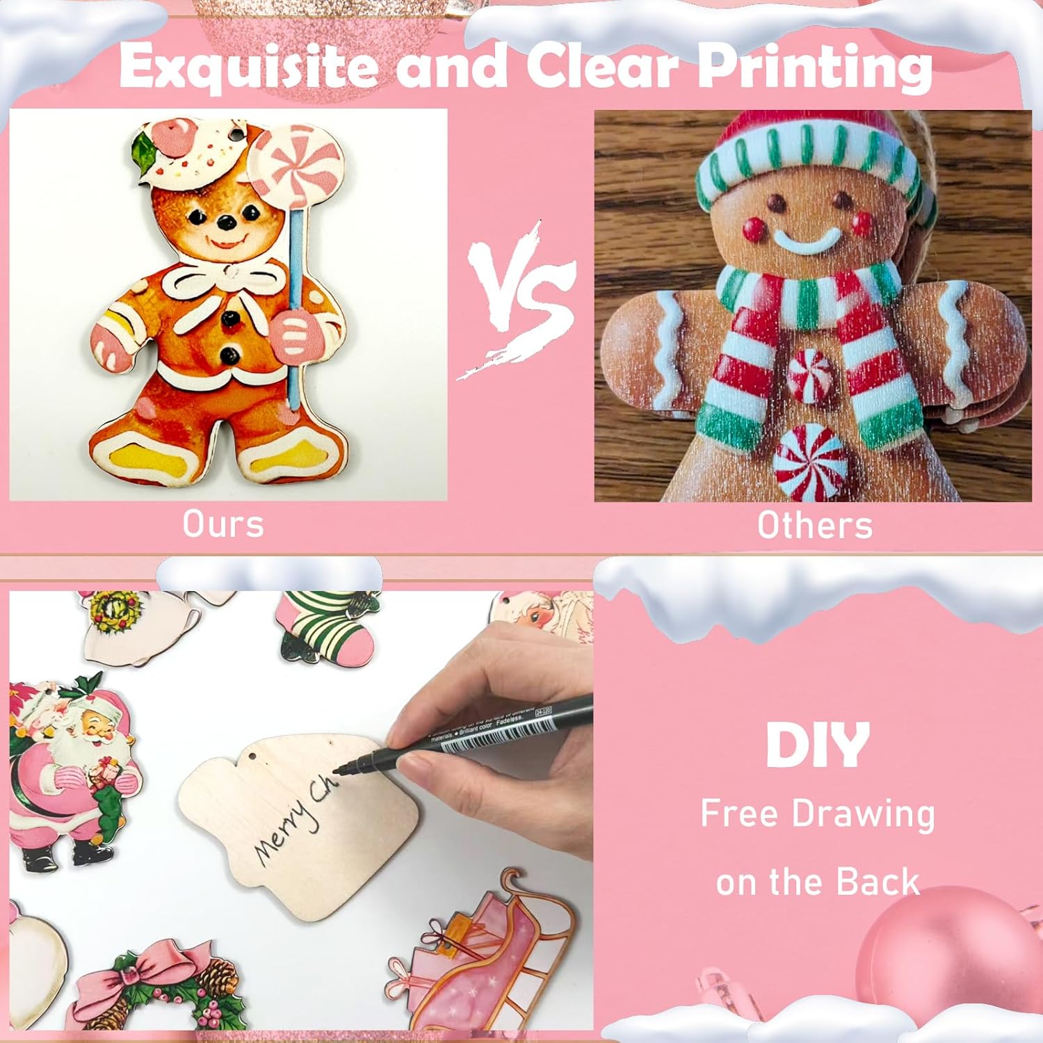 30PCS Pink Wooden Vintage Christmas Ornaments, Santa Snowman Gingerbread Man Christmas Tree Hanging Ornaments Wood Cutouts Tags for Xmas Tree Home Decoration Winter Décor - Image 4