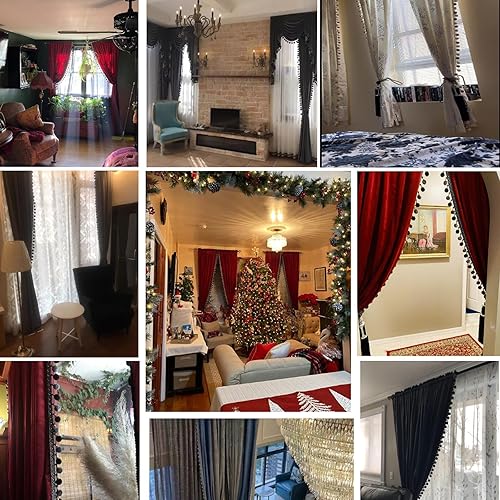 Miniatura 7 de Cortinas opacas de terciopelo con pompones blancos para sala de estar, juego de 2 paneles de cortinas de lujo con borlas para dormitorio (blanco