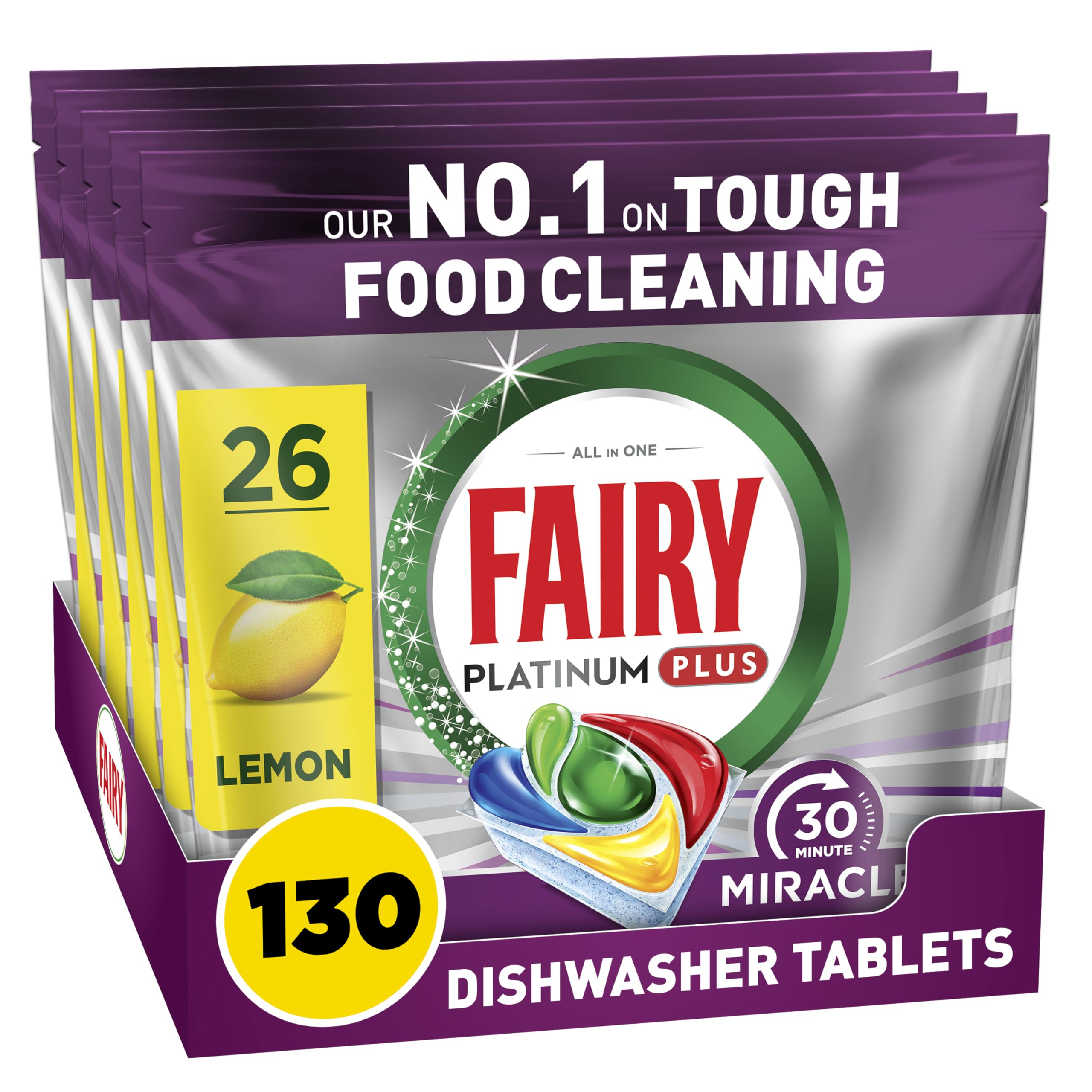 Fairy 30 Minute Miracle Platinum Plus Dishwasher Tablets, 130 Capsules