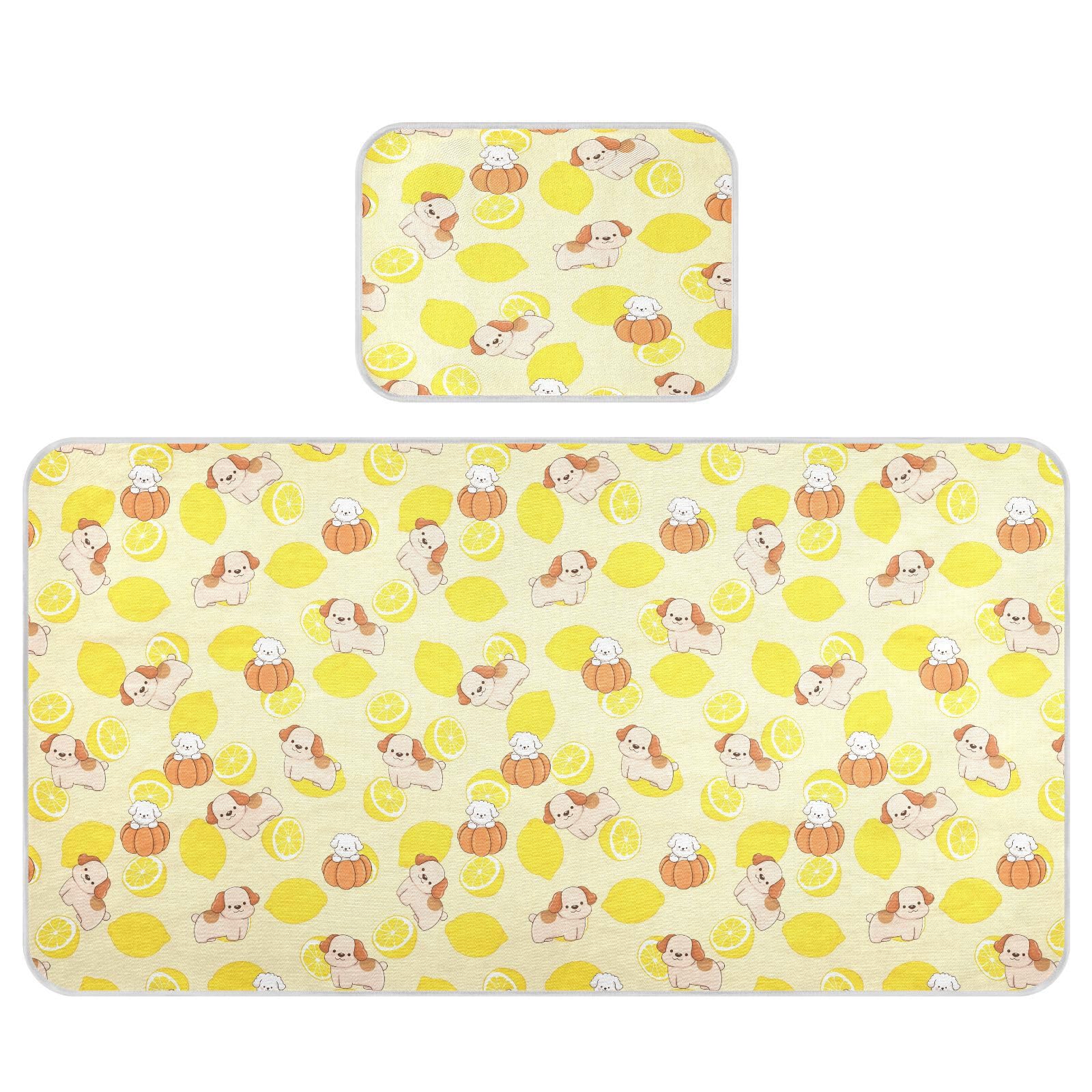 Bolaz Summer Sleeping Bed Pad, Lemona and Dogs Yellow Cooling Mattress Set Breathable Bed Mat Ice Silk Mat + Pillow Cover for Toddler Boys Girls