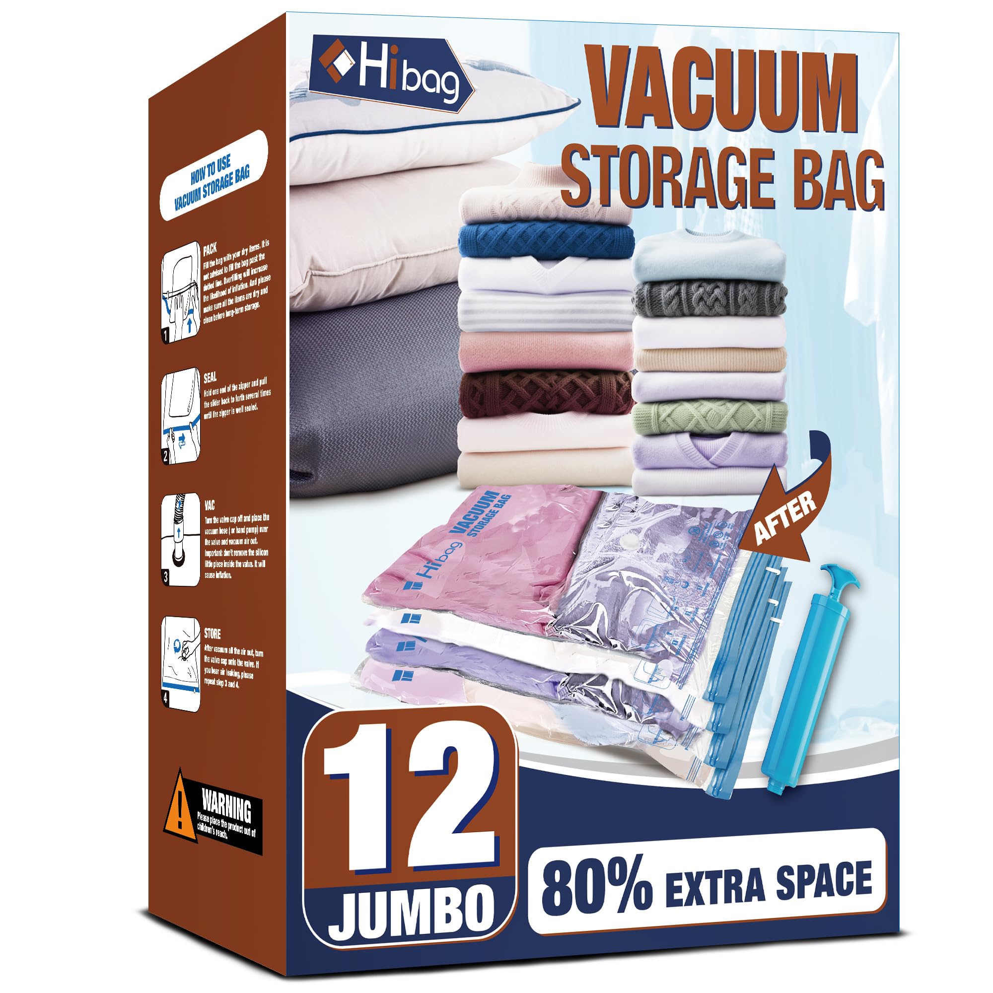 HIBAG Vacuum Storage Bags 12 Jumbo Vacuum Seal Bags for Clothing Space Bags for Clothes Comforters Blankets Bedding