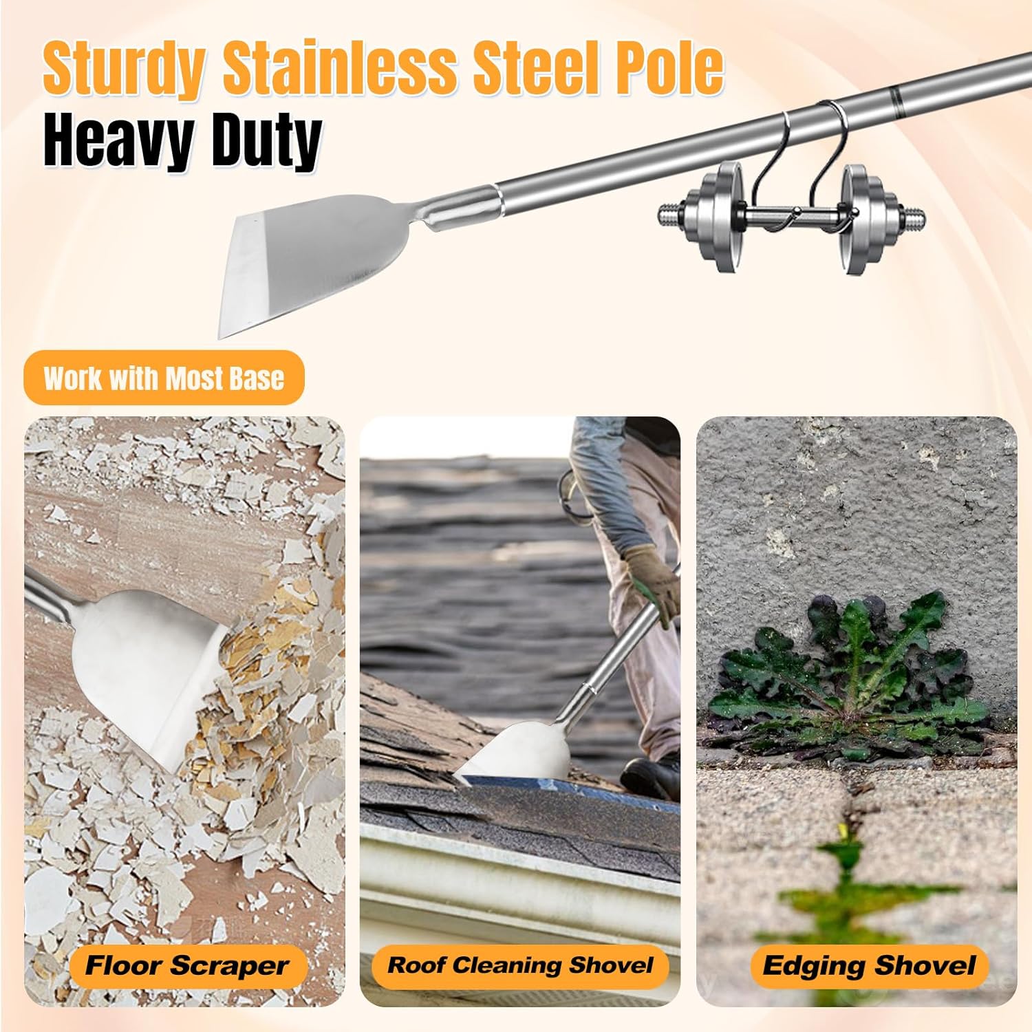 Floor Scraper Long Handle Stainless Steel, Multifunctional Cleaning Shovels with Flat Head, Moss Plaster Wall Putty Shingle Removal Tool, Ice Scraper, Snow Shovel for Driveway-Heavy Duty