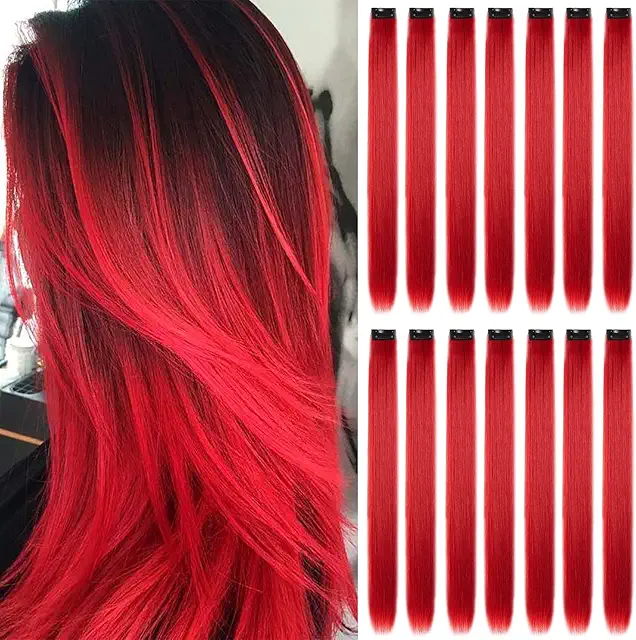 16pcs Extensions à Clip Cheveux Colorés Postiche Rouge 22 Pouces