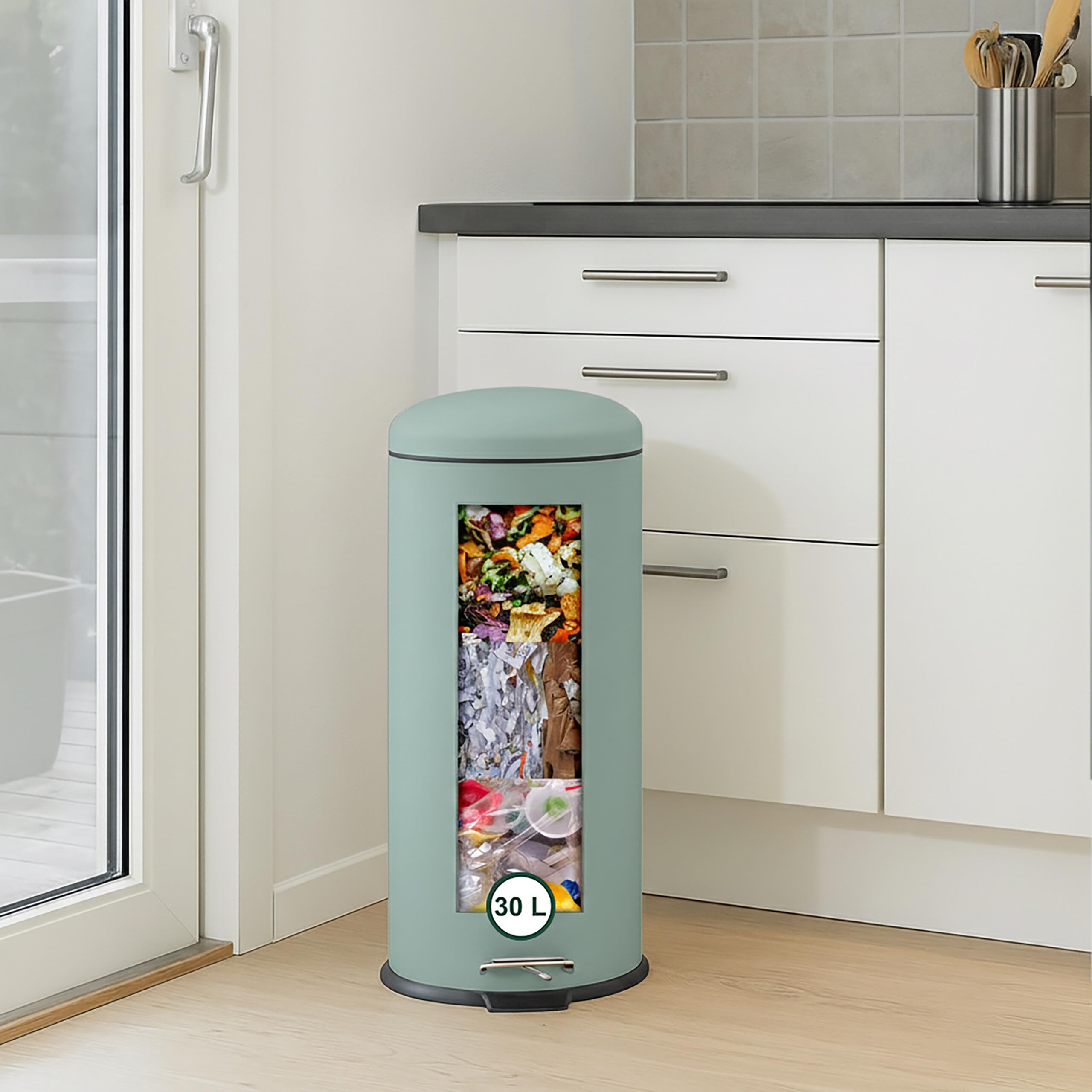 Relaxdays Cubo Basura Baño 30 litros, Papelera Cocina Cierre Suave, Asa y Pedal, Bote Residuos Redondo, Color a Elegir