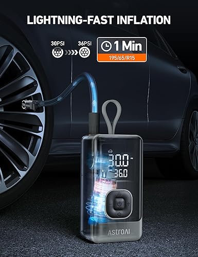Miniatura 2 de AstroAI Compresor de aire portátil con inflador de neumáticos L7, bomba eléctrica inalámbrica de 150 PSI con inflado rápido de 1 minuto, apagado