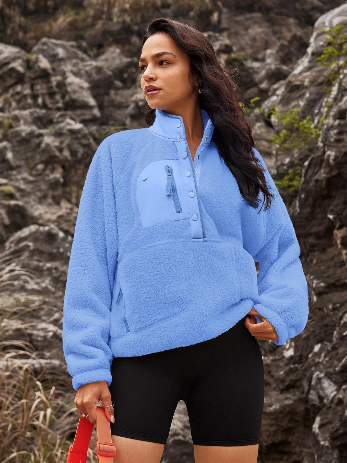 Nirovien Womens Fleece Pullover Long Sleeve Sherpa Jacket Button Down Fuzzy Sweatshirt Warm Outwear with Pockets - Image 3