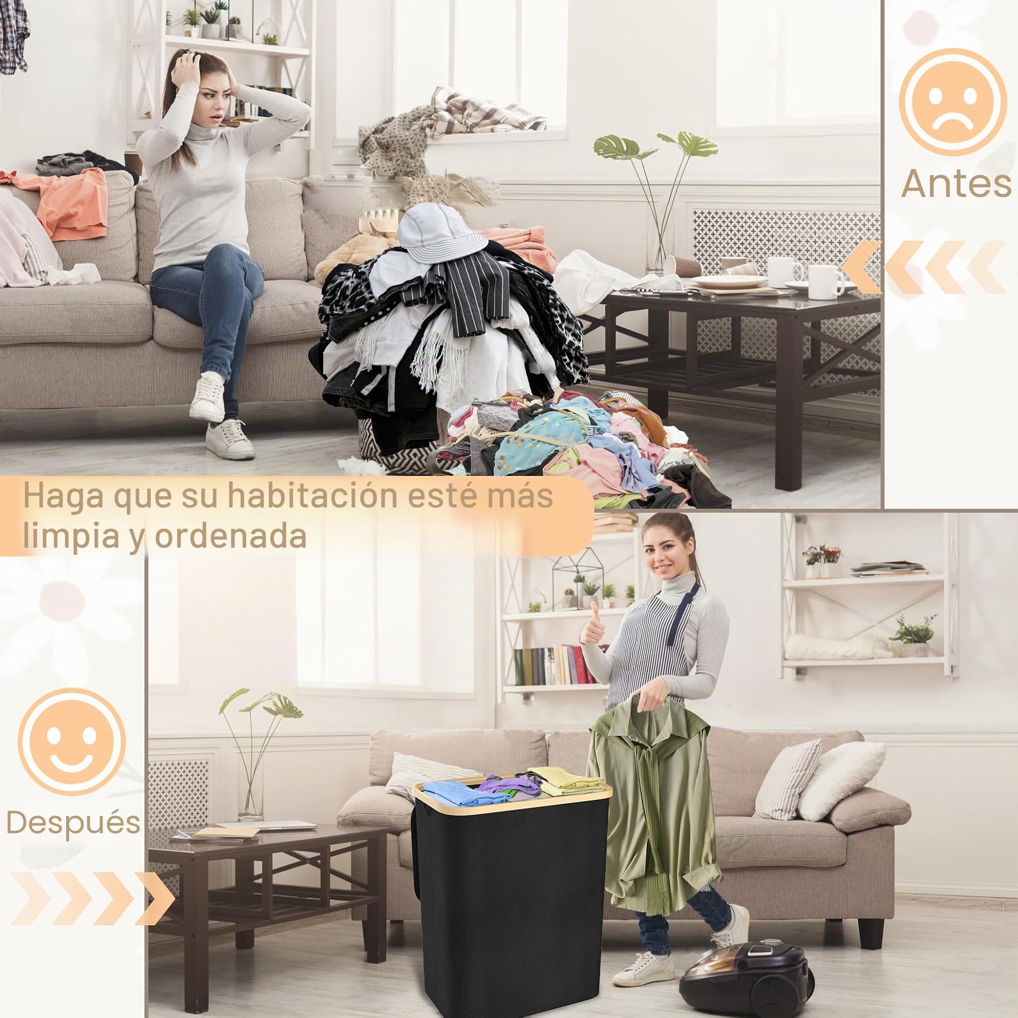 Froadp Cesto para la colada con 3 compartimentos, 140 L, plegable, con tapa, para baño y dormitorio, cesta resistente con asas, 3 bolsas de lavandería lavables (negro)