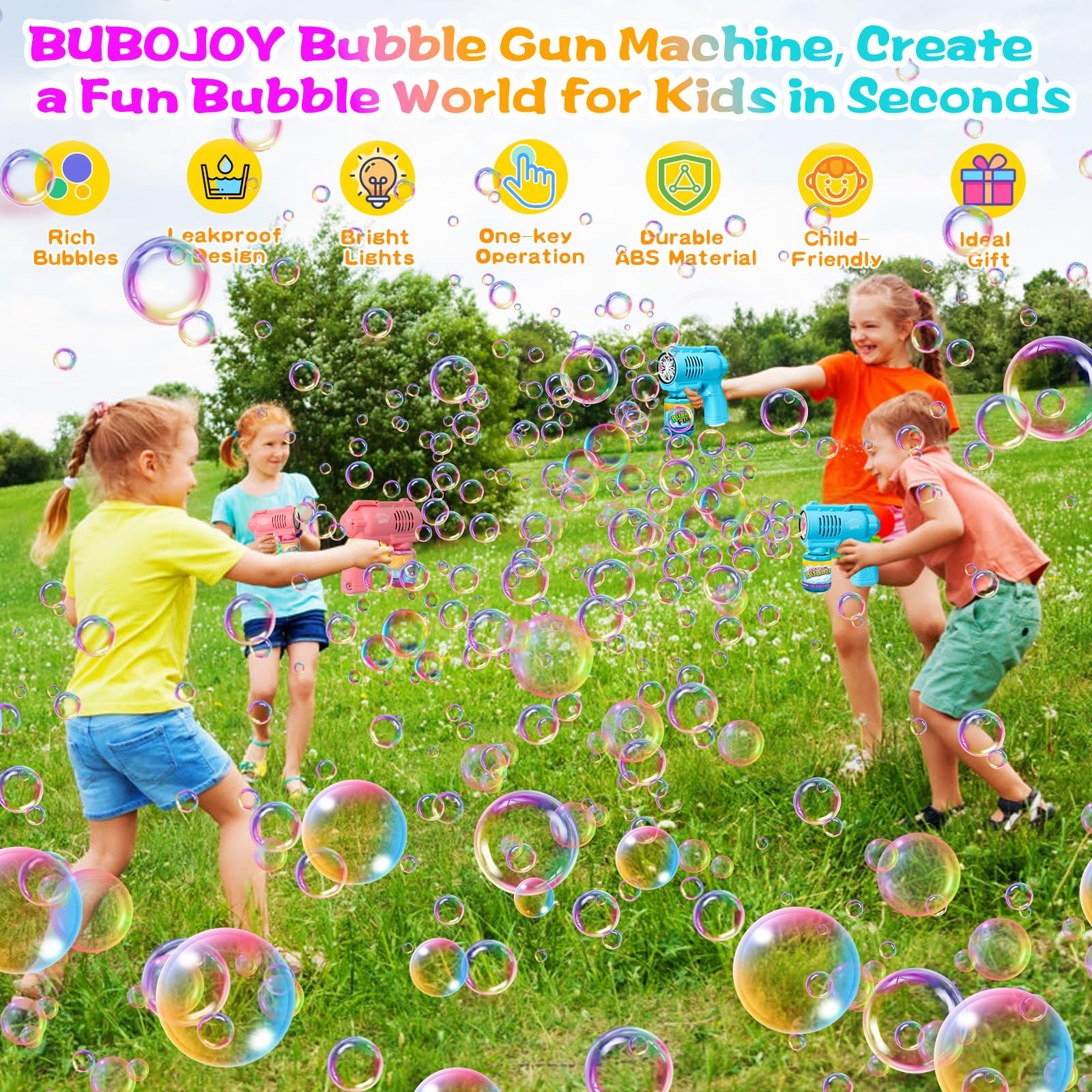 BUBOJOY Pistolet à Bulles pour Enfants, Machine à Bulles Automatique 10000+ Bulles/Min avec Solution, Souffleur de Bulles Silencieux avec Lumières pour en Plein air Fêtes Mariage- Bleu - 2