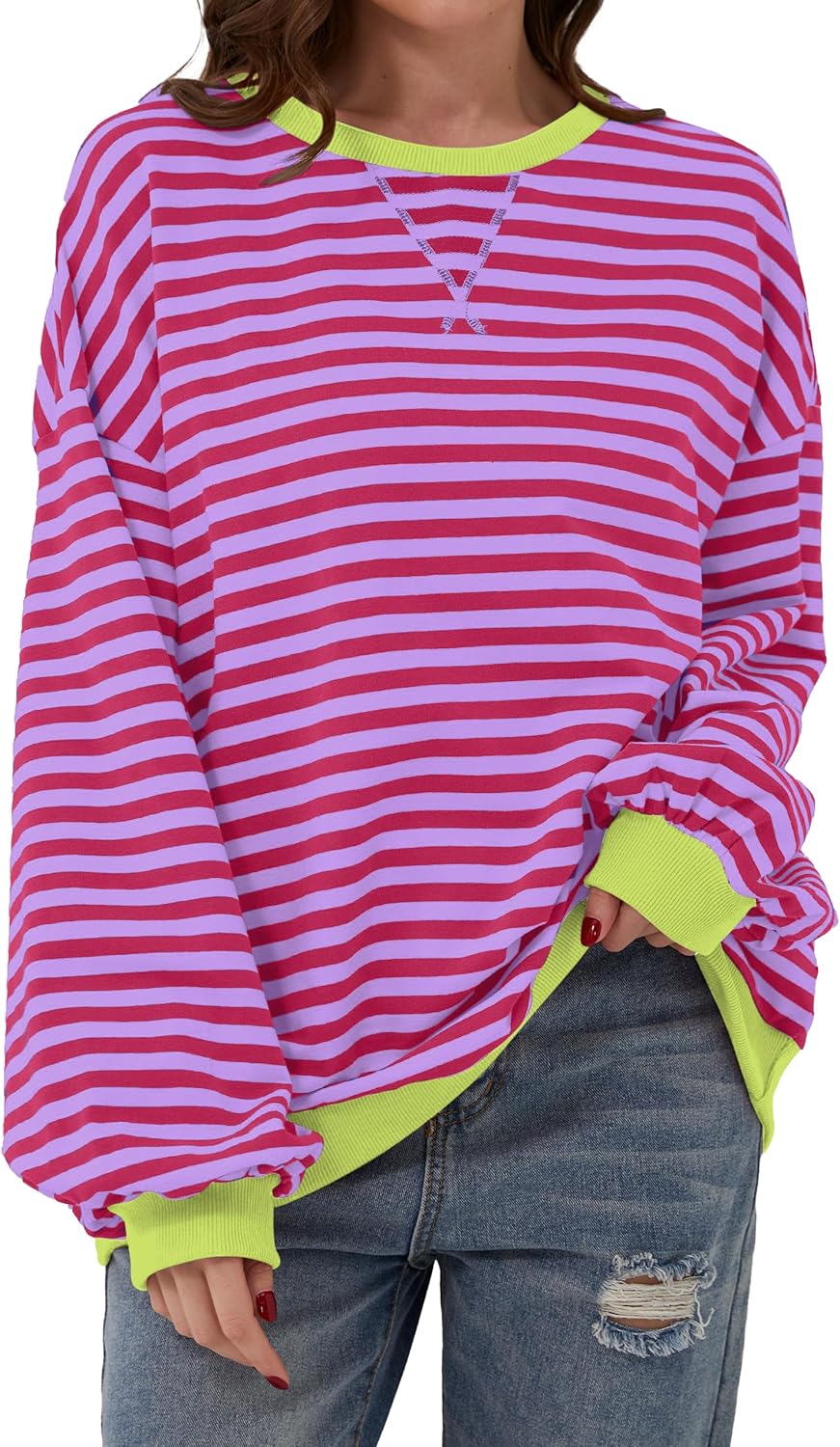 Aottori Sweatshirt voor dames, gestreept, katoen, pullover met lange mouwen, ronde hals, lange mouwen, oversized, losse elegante top, herfst, winter, casual, groen, S