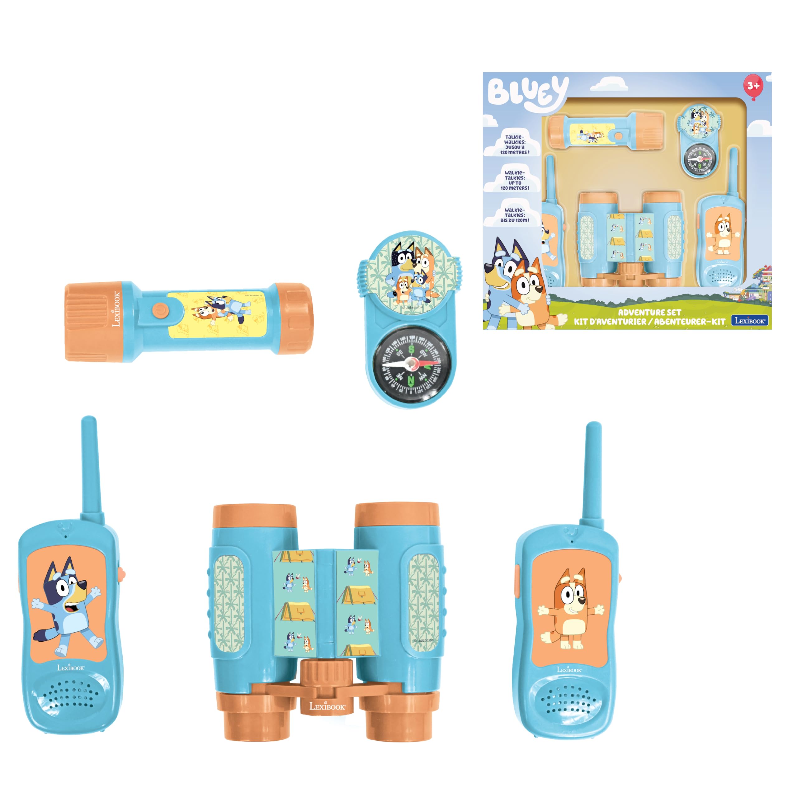 LEXIBOOK, Bluey Adventurer Kit with Walkie-Talkies 120m Range, Binoculars, and Compass, Blue Yellow, RPTW12BY