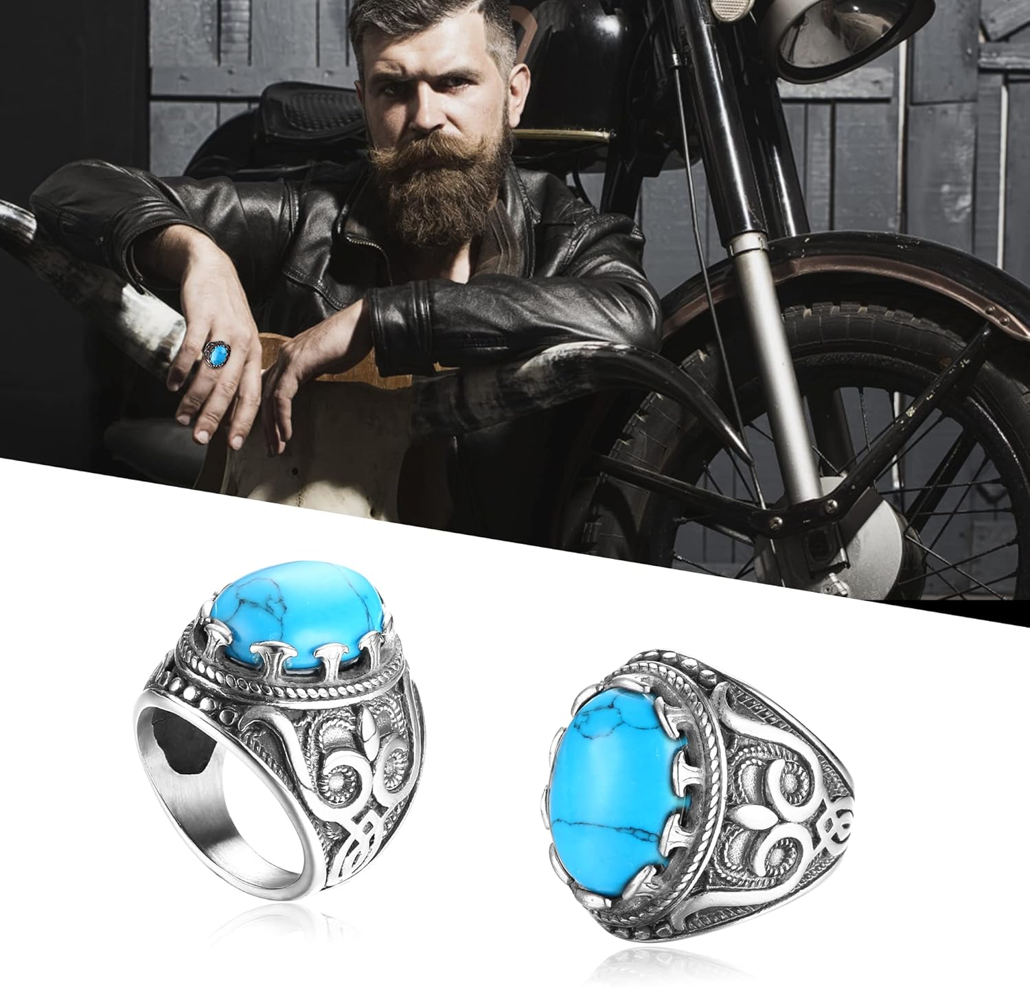 Dochais Retro Large Tiger Eye Stone Mens Ring Turquoise Vintage Ring for Men Oval Gemstone Stainless Steel Ring Size 7-13 - Image 3