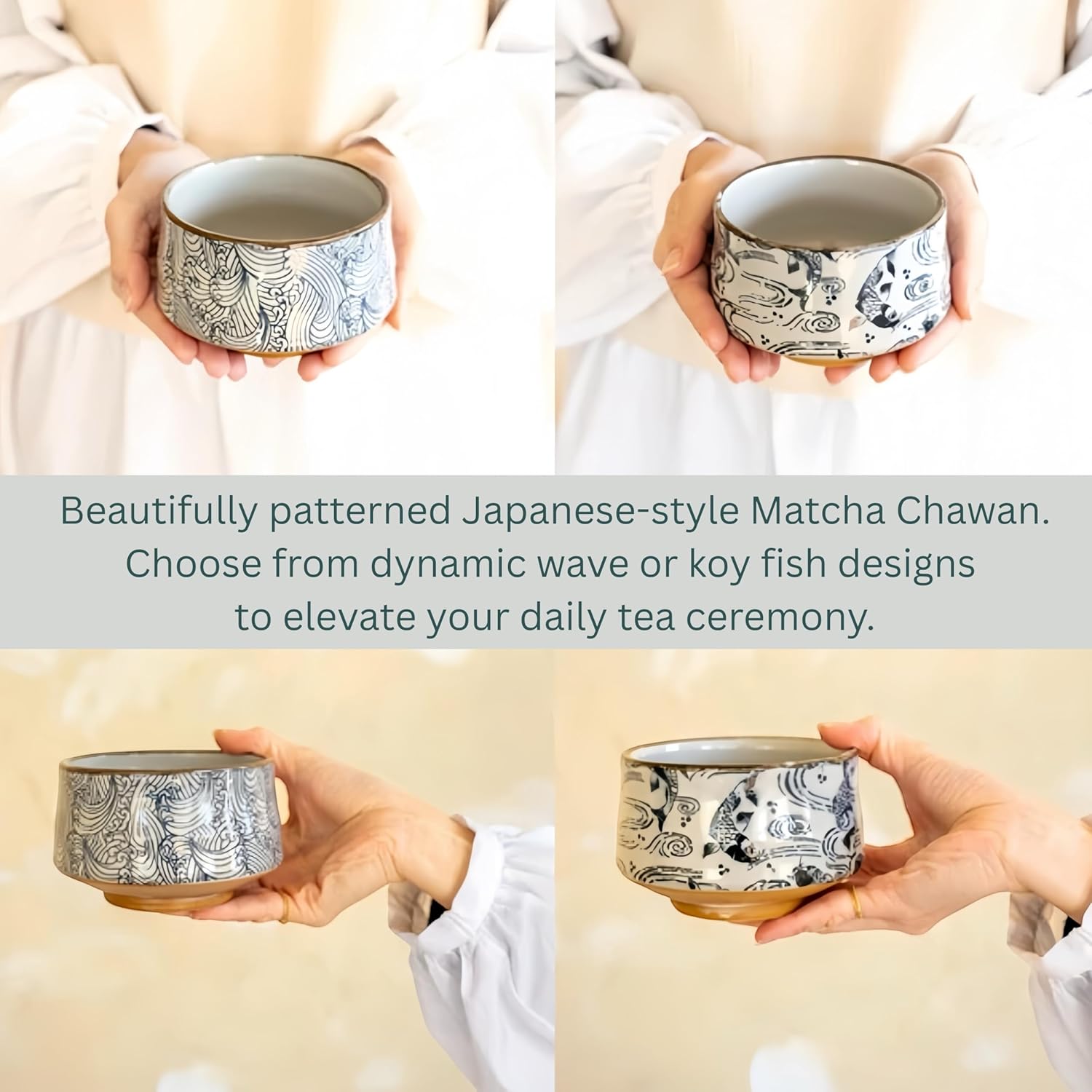 Japanese Handcrafted Matcha Bowl, Porcelain-Gaba Casting, Includes Wooden Gift Box φ115 x 80mm*15 oz Made in Japan (Carp And Waves)