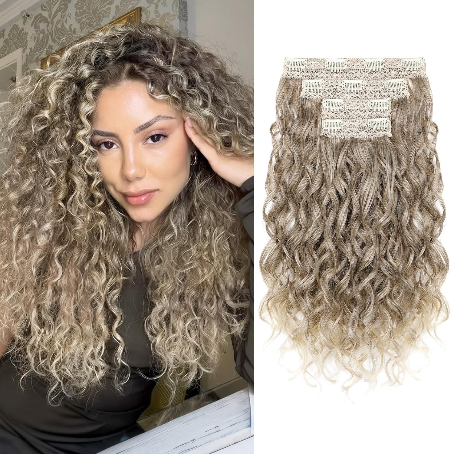 REECHO Curly Hair Extensions, 4PCS 16 inch Clip in Hair Extensions Lace Weft Short Curly Hair Extension Clip Ins Invisible Natural Hairpieces for Women, Light Brown with Blonde Highlights