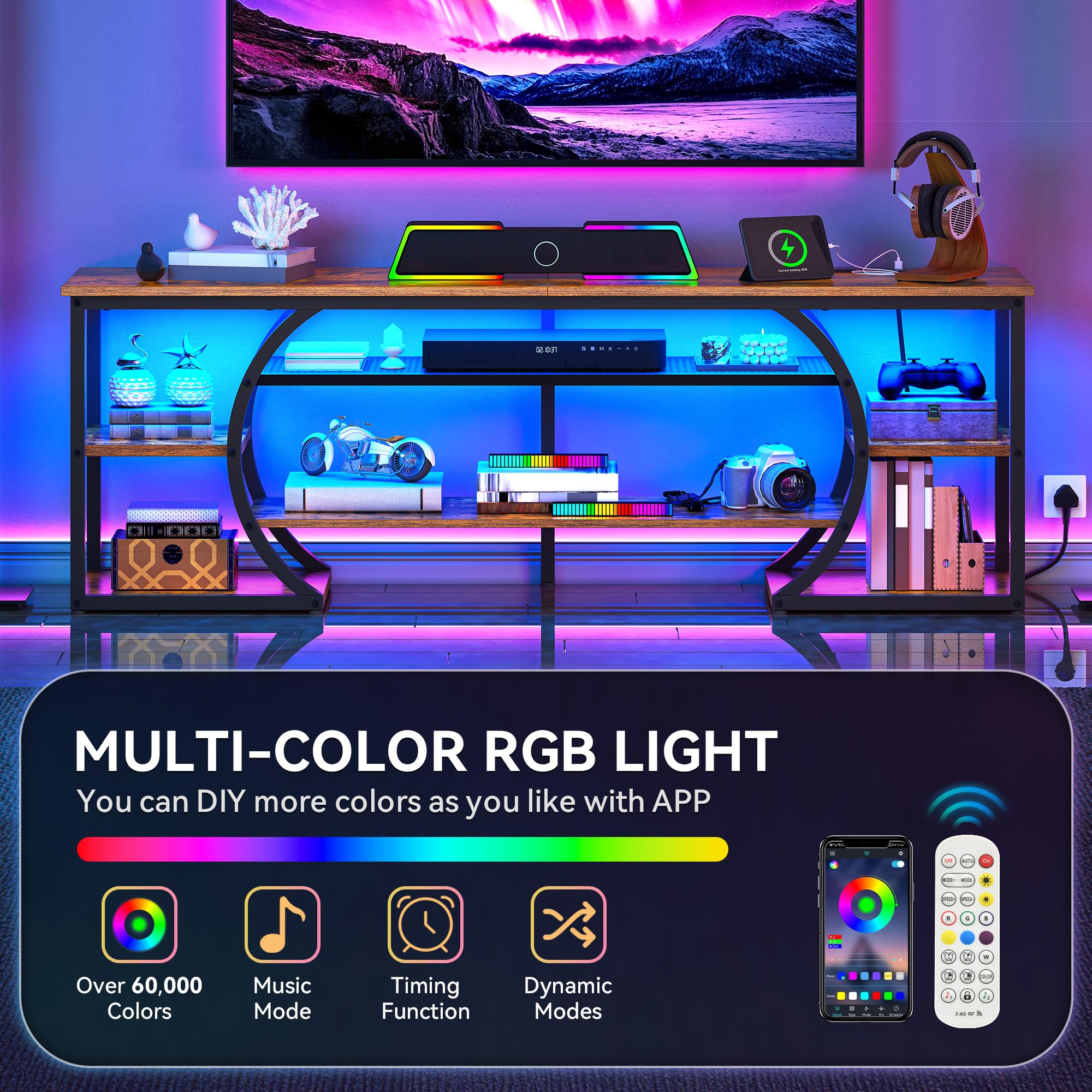 YITAHOME 160cm TV Standschrank mit 2 AC & 2 USB Buchse für Fernseher bis zu 70 Zoll mit 7 RGB LED 22 Modi Lichter Entertainment Center für Wohnzimmer und Schlafzimmer Rustikales Braun