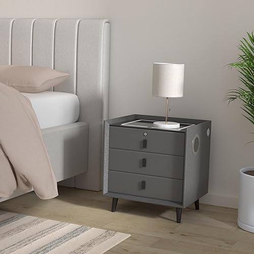 Miniatura 2 de TBQATNTS Mesita de noche con estación de carga, con bloqueo de huellas dactilares, mesa auxiliar de dormitorio de tres cajones con altavoces y luces