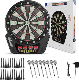 Elektronische Dartscheibe LCD,27 Spiele,16 Spieler,mit Dartpfeilen | Elektronische Dartscheibe mit vier LCD-Anzeigen. Sicher konstruiert, platzsparend an der Wand befestigbar.