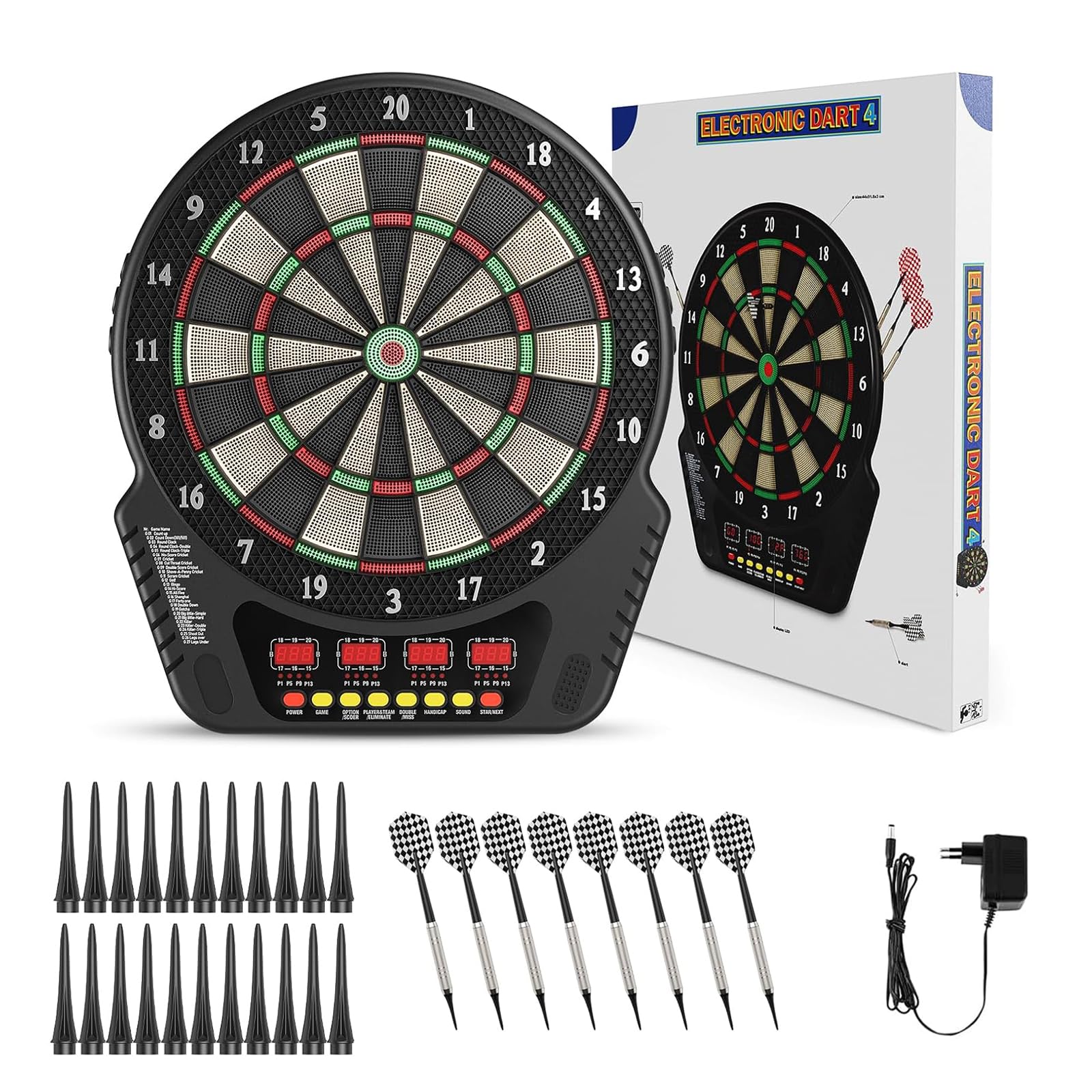 Cible Flechette Electronique, Jeu de Fléchettes Électronique avec 4 Écrans LCD, 27 Modèles de Jeux pour Jusqu’à 16 Joueurs, Fléchettes à Pointe Plastique Sécurisées pour Maison, Bureau et Bar