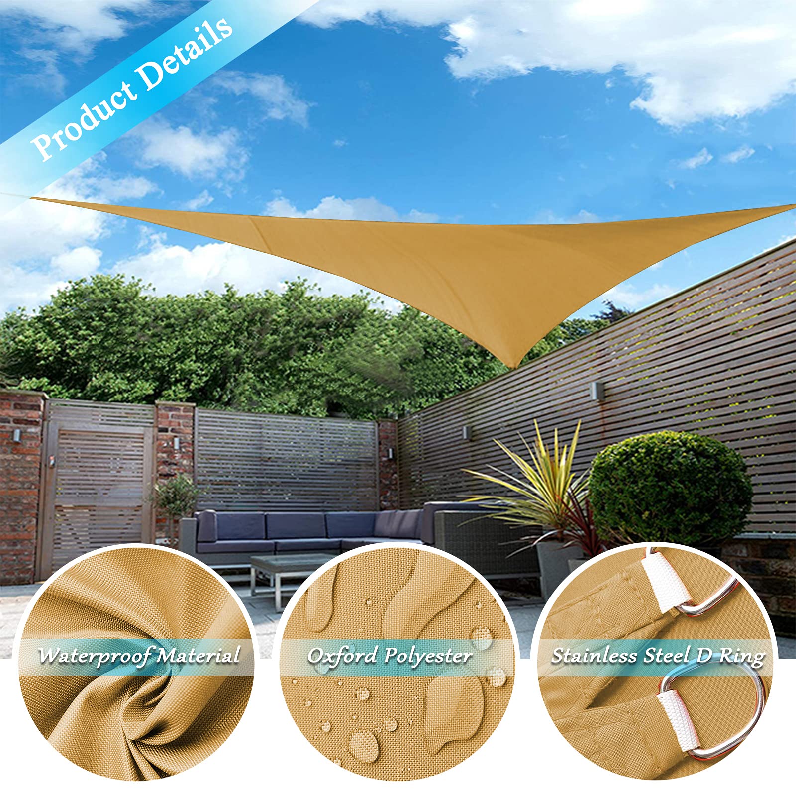 Sonnensegel Dreieckig Polyester Windschutz Wasserdicht UV Schutz Sonnensegel Sonnenschutz mit Befestigungs Kit, für Garten Balkon Camping- Sand|| 2.4x2.4x2.4m