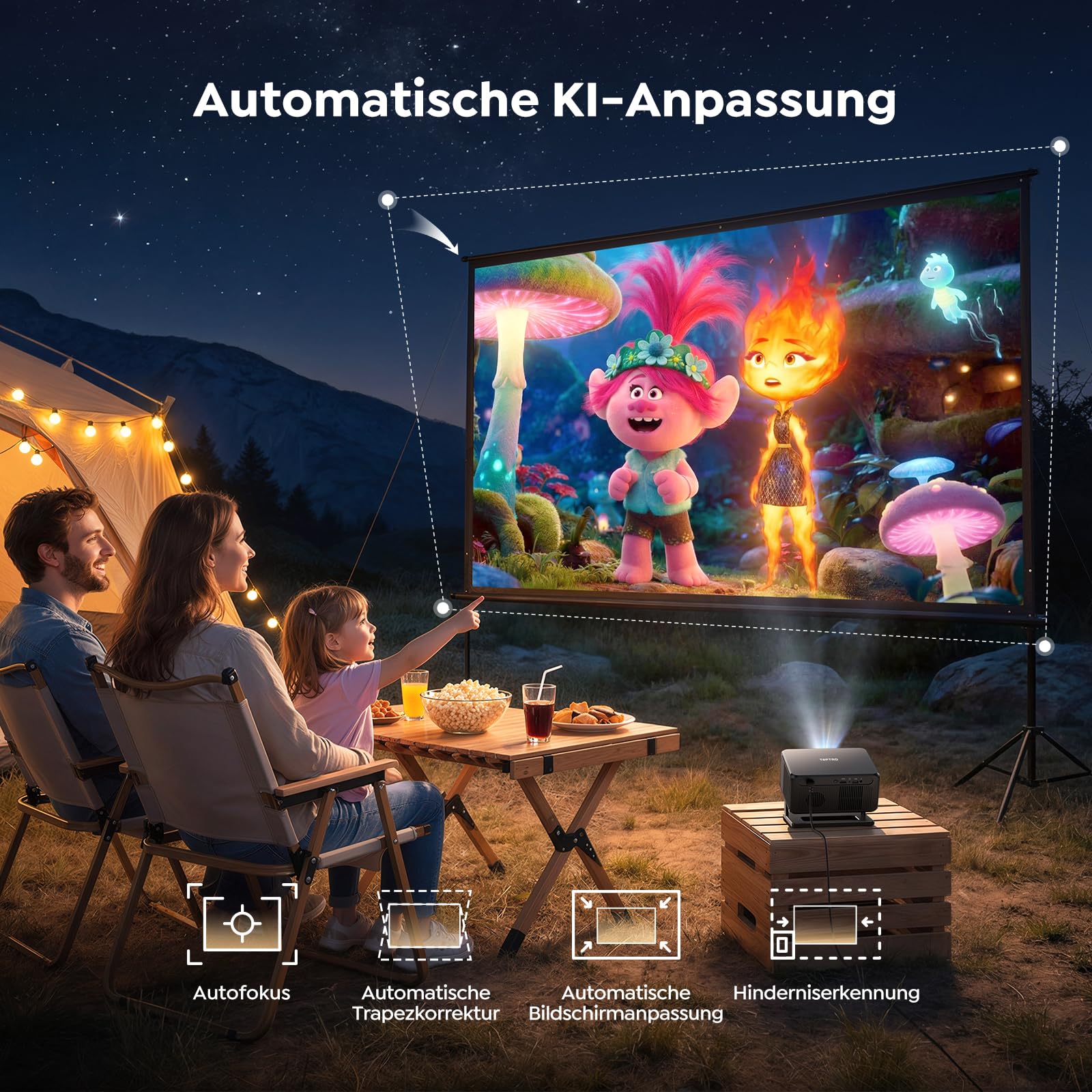 [Google TV & Offizielle Apps] Beamer 4K Unterstützt, Smart Beamer Heimkino 1080P FHD, Autofokus & Trapezkorrektur, WiFi Bluetooth Tragbarer Projektor mit Drehständer für Outdoor/Handy