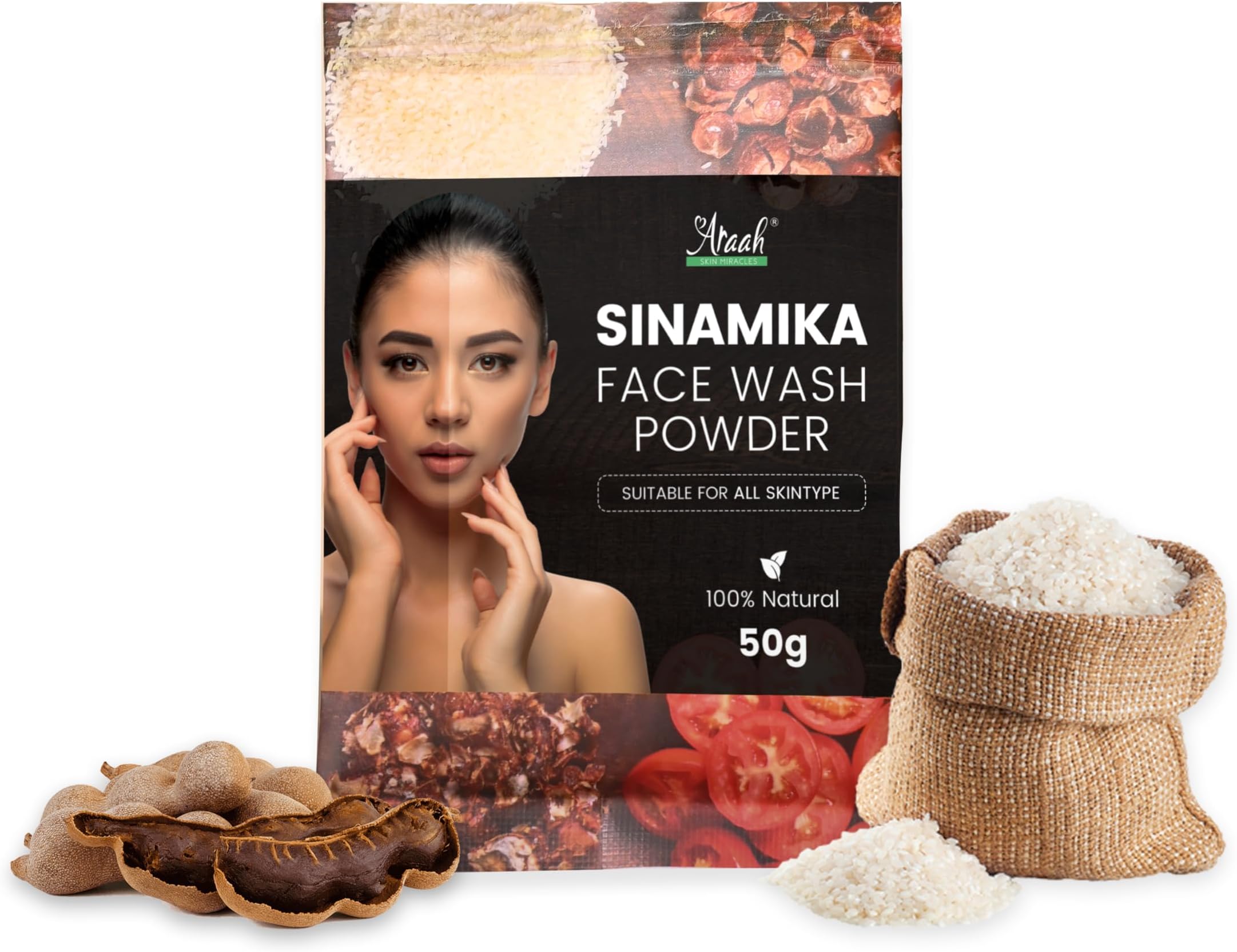 Araah Skin Miracles Skin Miracle Sinamika Detan Face Wash Powder, 50G Toxin, Paraben & Sulphate-Free Skin Friendly Flawless & Glowing Skin Smoother Looking Complexion Brightening Your Skin, 1 Count