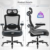Vista 3 de Silla de oficina grande y alta de 600 libras, silla de computadora ejecutiva resistente con brazos abatibles 3D, ruedas grandes, silla de escritorio