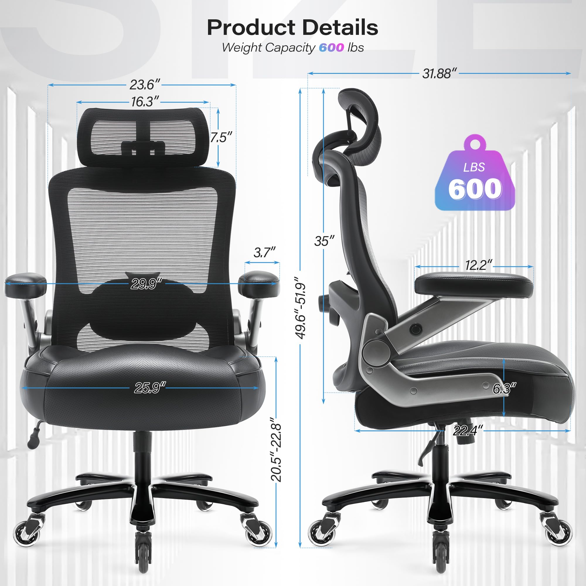 600lbs Big and Tall Office Chair- Heavy Duty Executive Computer Chair with 3D Flip Arms Large Wheels Ergonomic — view 3