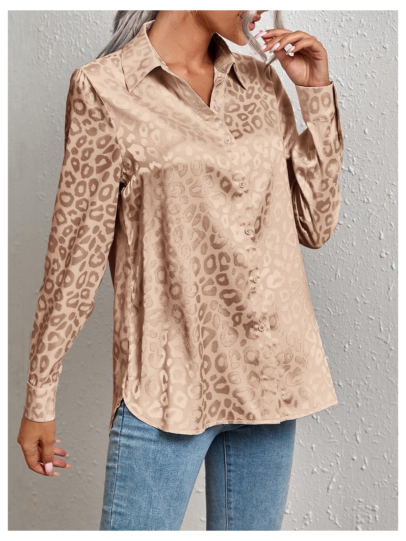 Floerns Blusa elegante de satén con botones de manga larga jacquard para mujer
