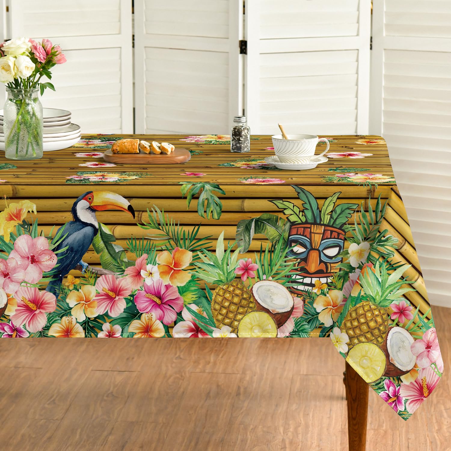 Horaldaily Summer Tablecloth 60×120 Inch Rectangular, Tropical Posies Parrot Bamboo Washable Seasonal Table Cover for Party Picnic Dinner Decor