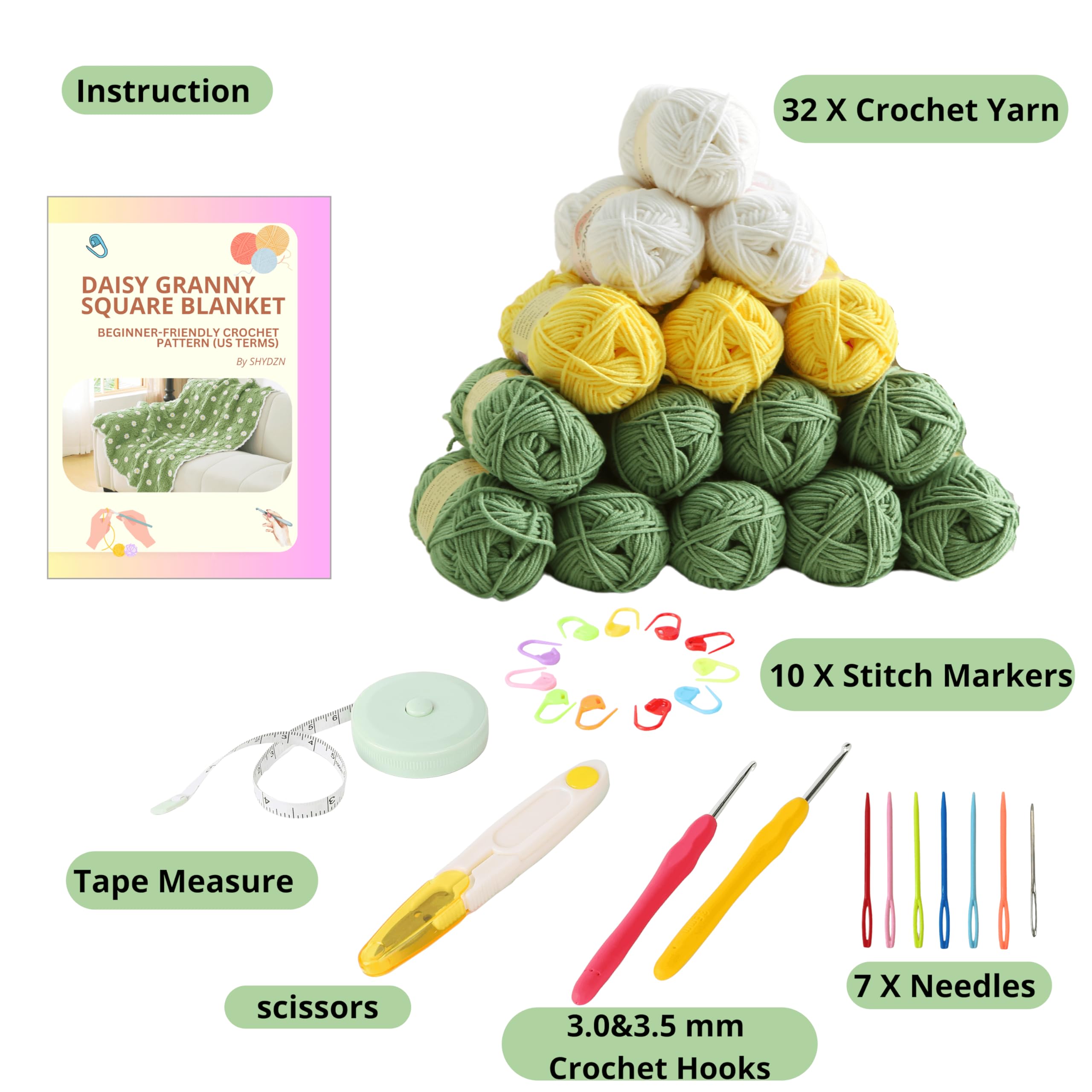 CSWCS Häkeldecken-Set für Anfänger, quadratisches Überwurf-Set für Erwachsene, einfaches Stricken mit Garn und Haken, komplettes Starter-Set mit Schritt-für-Schritt-Anleitung (119,4 x 99,1 cm)
