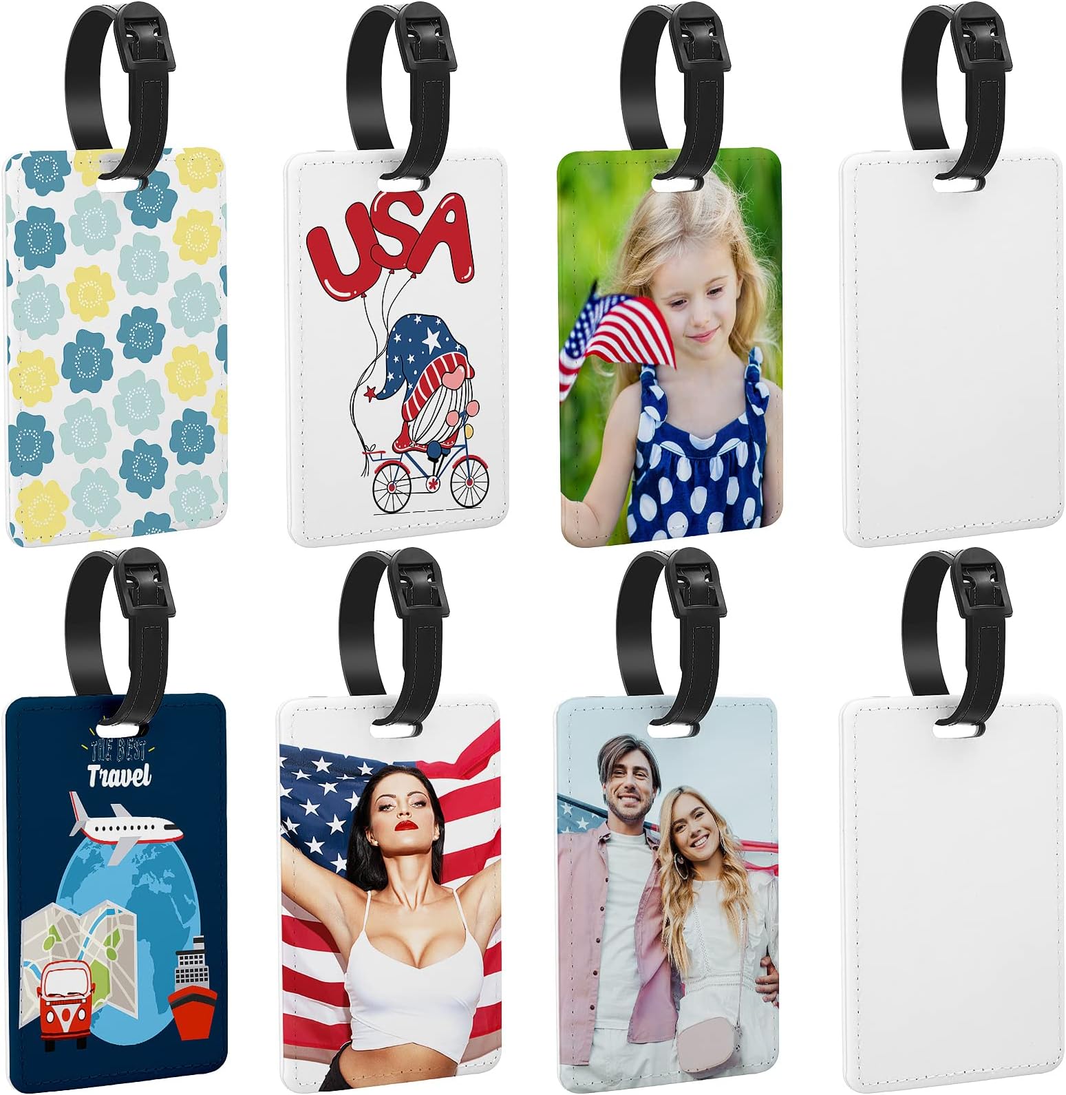 Huhumy 8 Pcs Sublimation Blank Luggage Tags White Blank Travel Tags with Strap Double Sided MDF Suitcase Label Tag Heat Transfer Name ID Card DIY for Women Men, 4 x 2.75 Inch