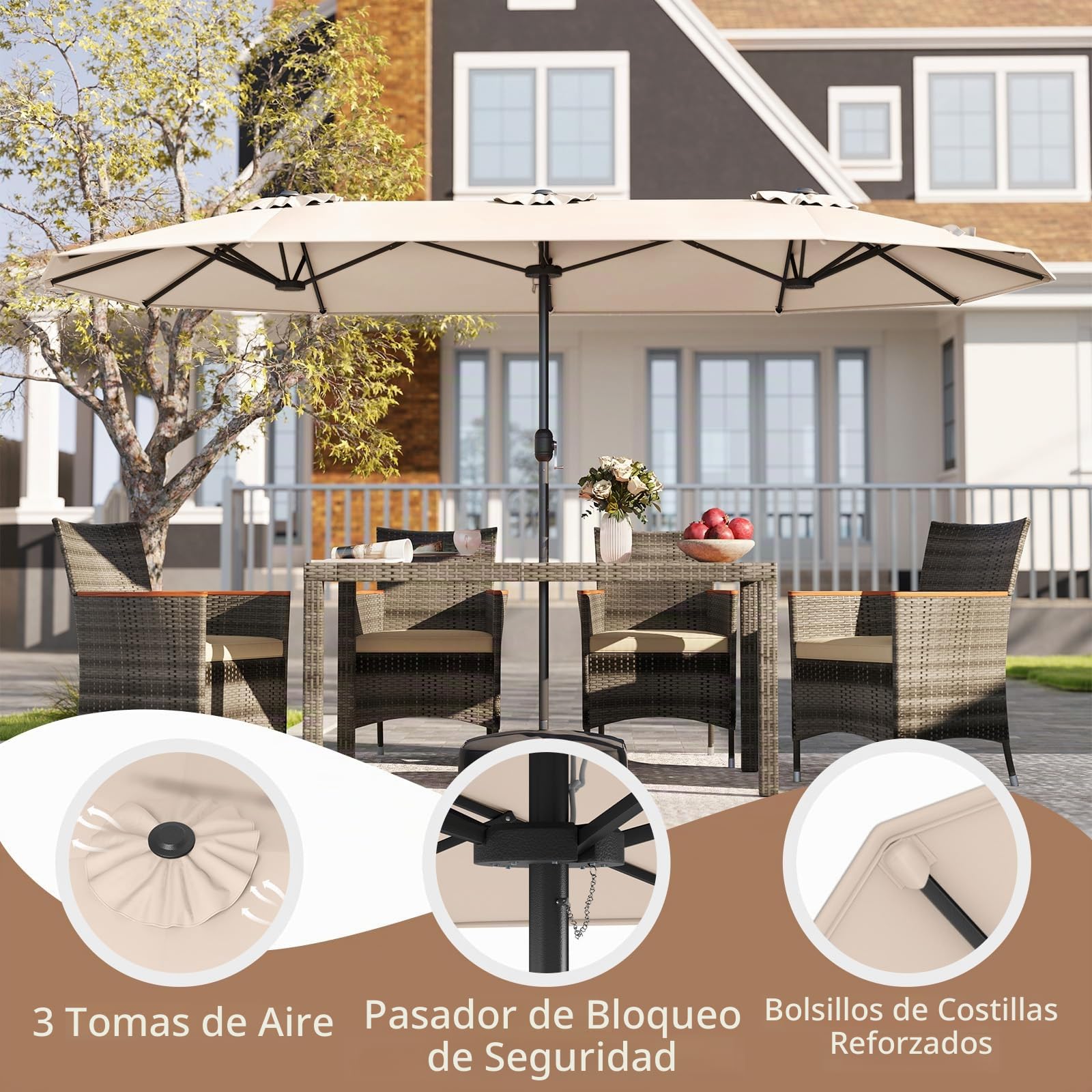 RELAX4LIFE Sombrilla doble de jardín con base de 4 x 2 m, sombrilla parasol con apertura de manivela, tejados ventilados, sombrilla de exterior para patio, patio, restaurante o bar