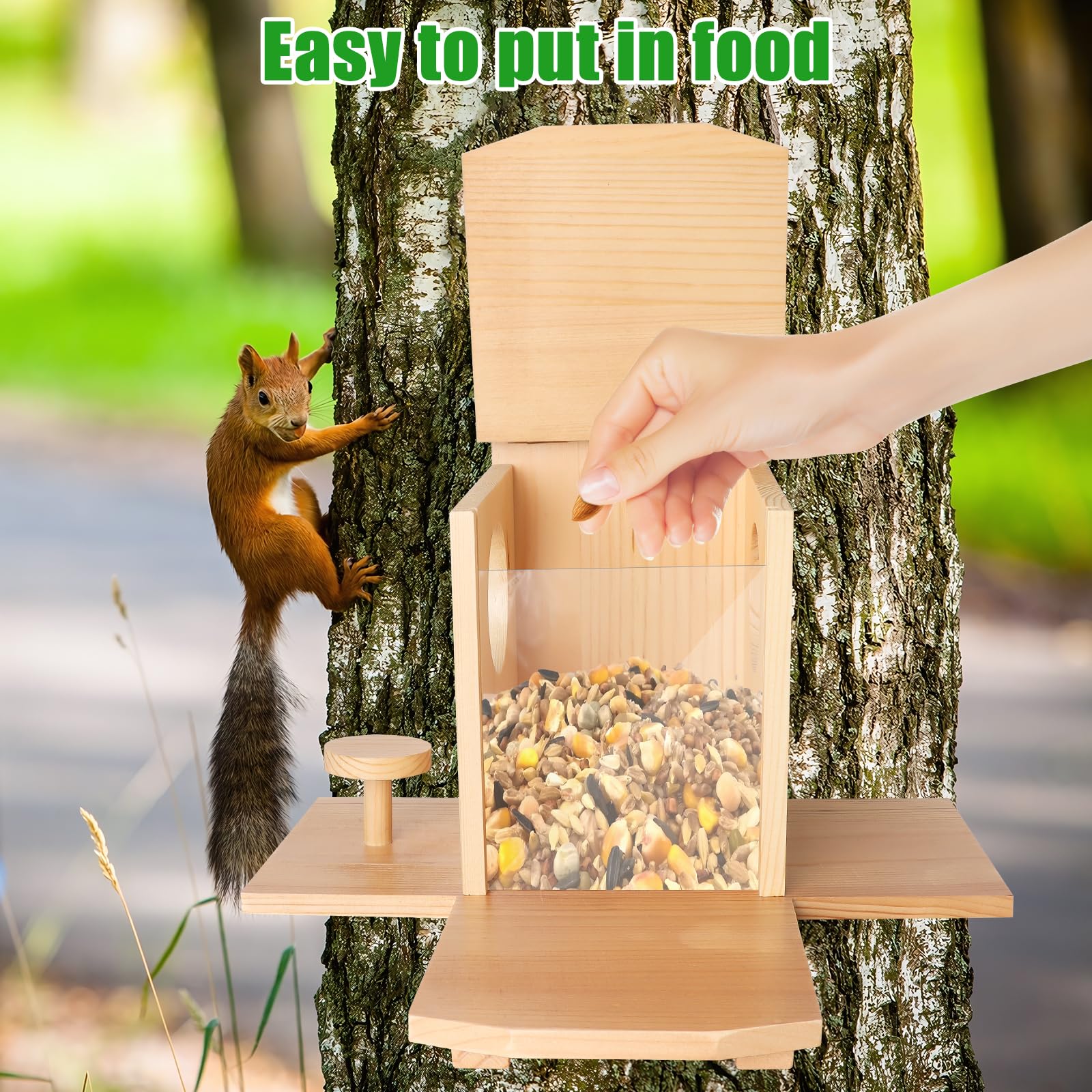 Suewidfay Wooden Squirrel Feeder with Lift-Up Lid and Desk - Waterproof Durable for Outdoor Garden Outside Backyard - Image 3