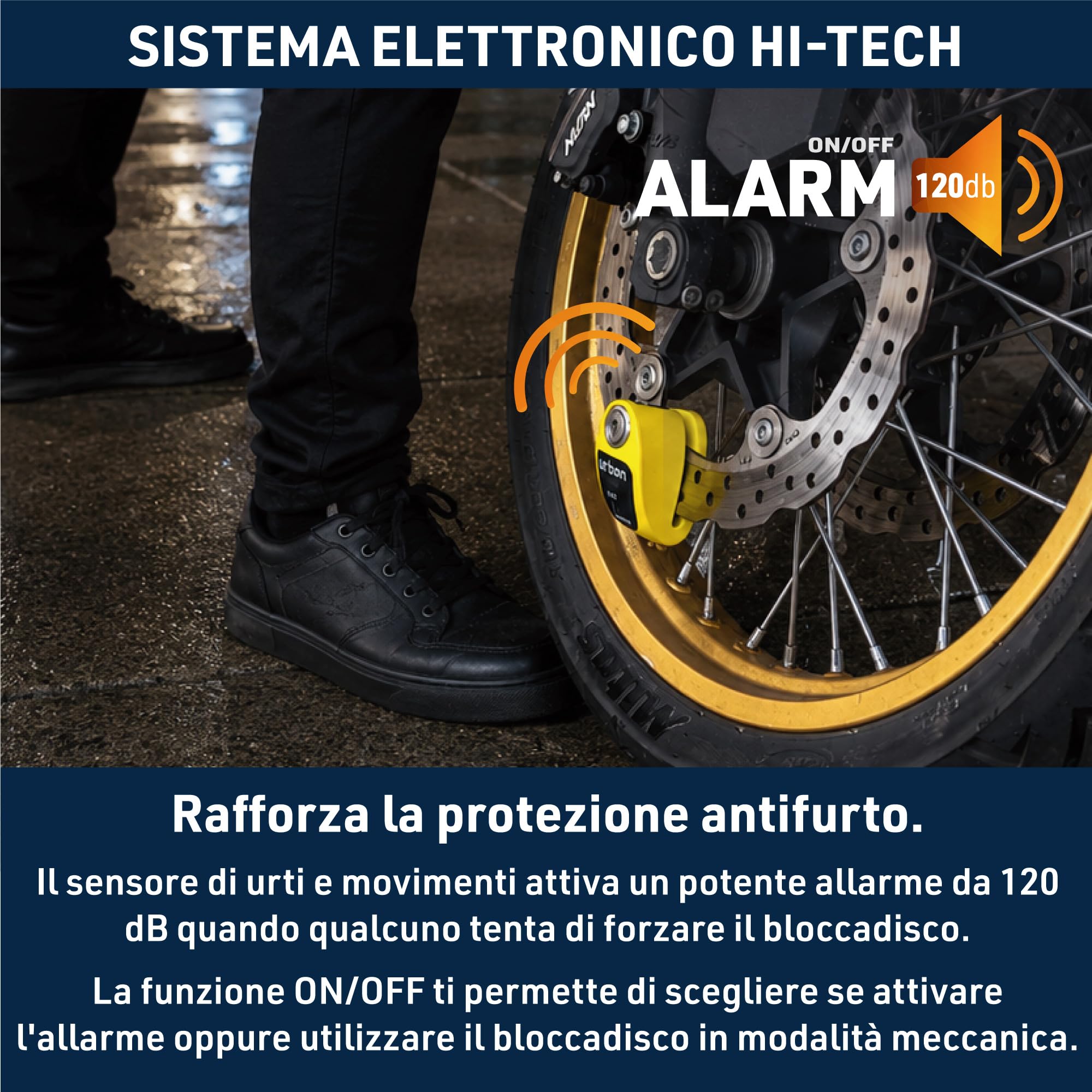 URBAN UR910Y Bloccadisco Moto con Allarme 120 dB, Giallo+Nero in Acciaio Inox Verniciato +Dissuasivo, Omologato SRA e Sold Secure Gold, Doppia Chiusura Ø10 mm, Lucchetto Antifurto Blocca Disco Moto