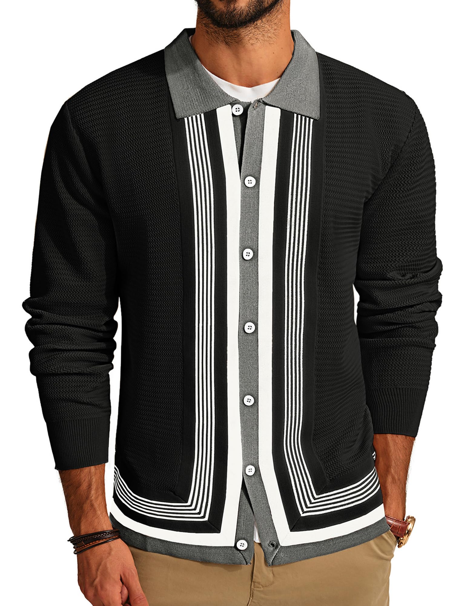 PJ PAUL JONES Men‘s Button Down Polo Shirts Striped Knitted Cardigan Sweaters