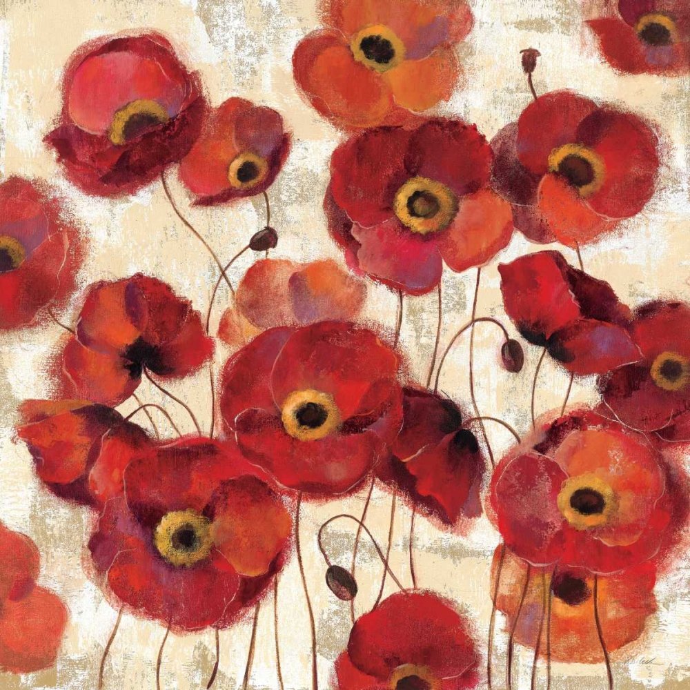 Lienzo con caja americana negrita Amapolas Vassileva Silvia - Cuadrado floral Arte estampado flores amapolas amapolas atrevidas flores tallo ste marco flotante 26_X_26_in