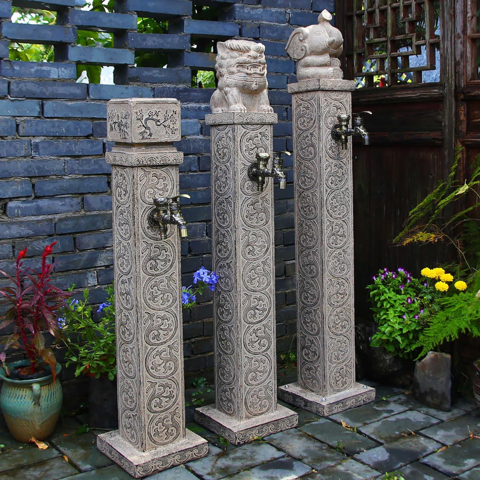 Generico Fontana a Colonna autoportante per Esterni con Doppio Rubinetto - Idrante Decorativo da Giardino per irrigazione e innaffiatura - Elegante Elemento Decorativo da Giardino Grigio da 60 cm