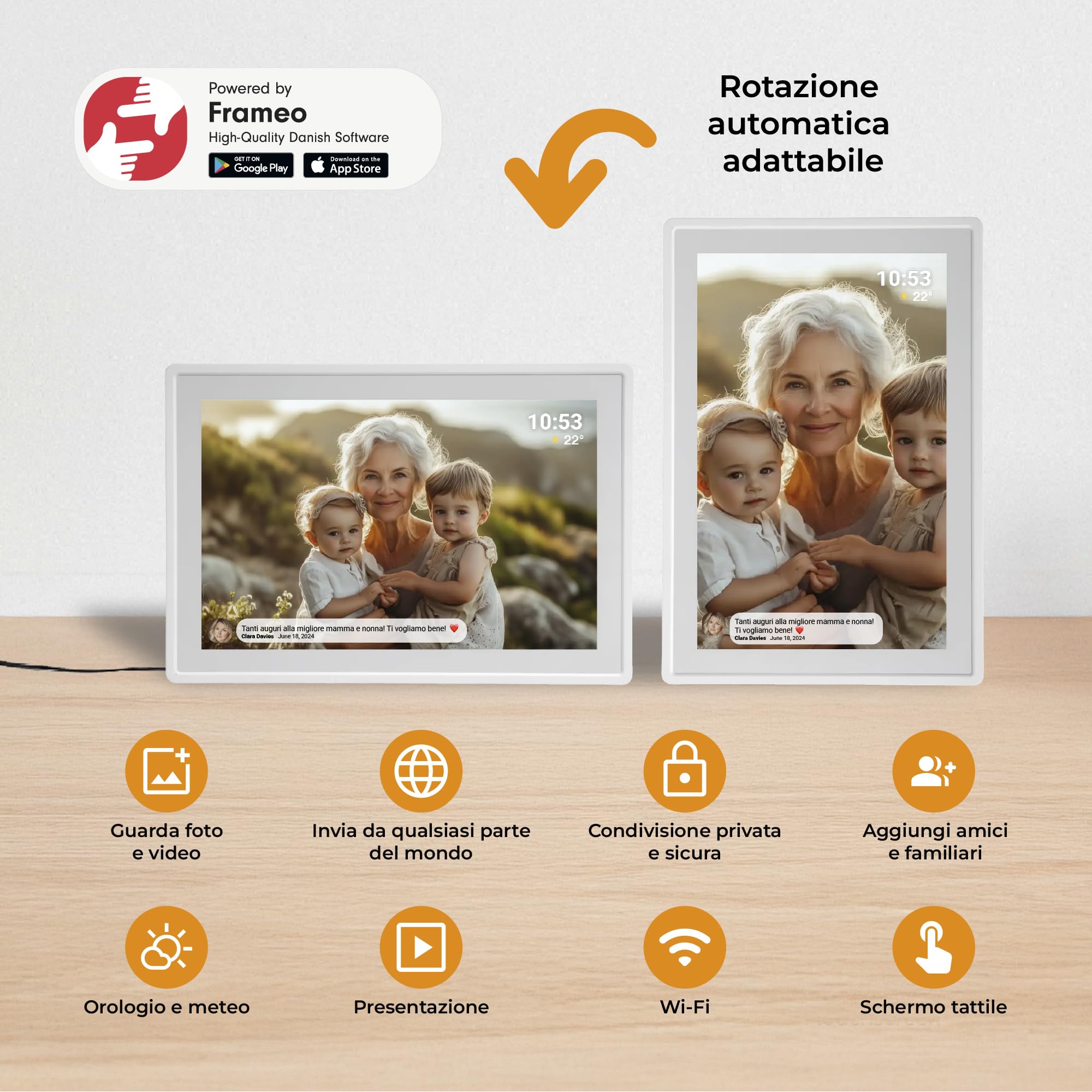 Cornice Digitale 10 Pollici WiFi – Schermo IPS HD 1280x800 – Portafoto Digitale Frameo Denver per Foto e Video – Cornice Elettronica Touchscreen Smart – 16GB Memoria – Slot microSD – Bianca