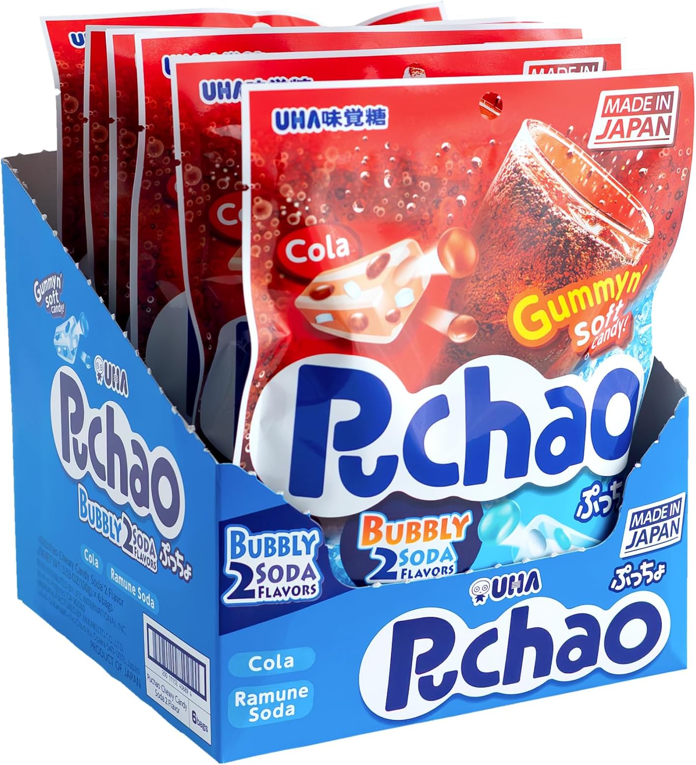 UHA Mikakuto Soft Candy with Gummy Bits, Cola and Ramune Soda Flavors, 3.52 Ounce, Pack of 6