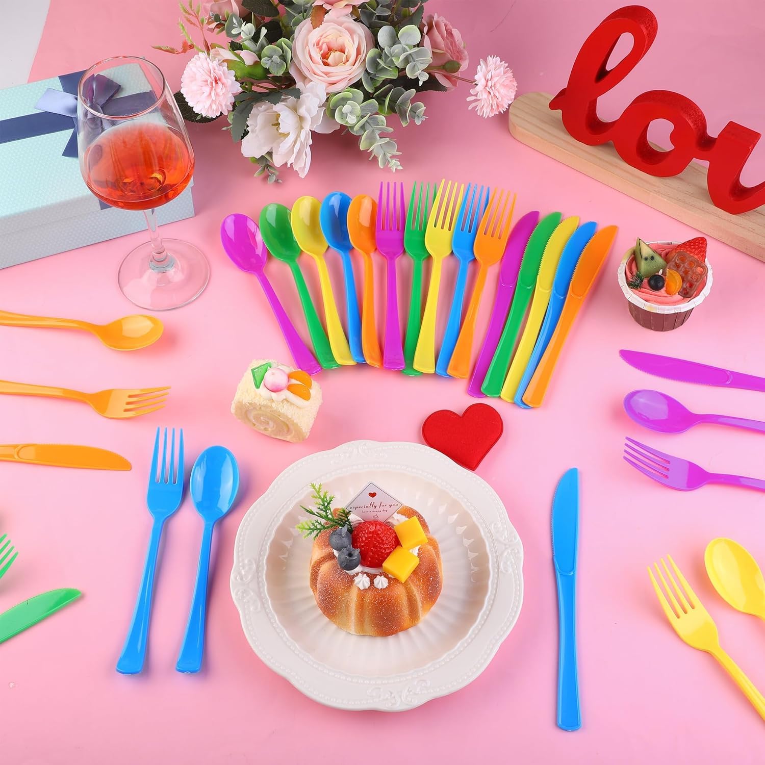 Kochorie 300 Pieces Graduation Rainbow Plastic Silverware, Disposable Colorful Utensils, Neon Plastic Silverware Cutlery Set Heavyweight Flatware Includes Spoons Forks Knives for Birthday Party Dinner