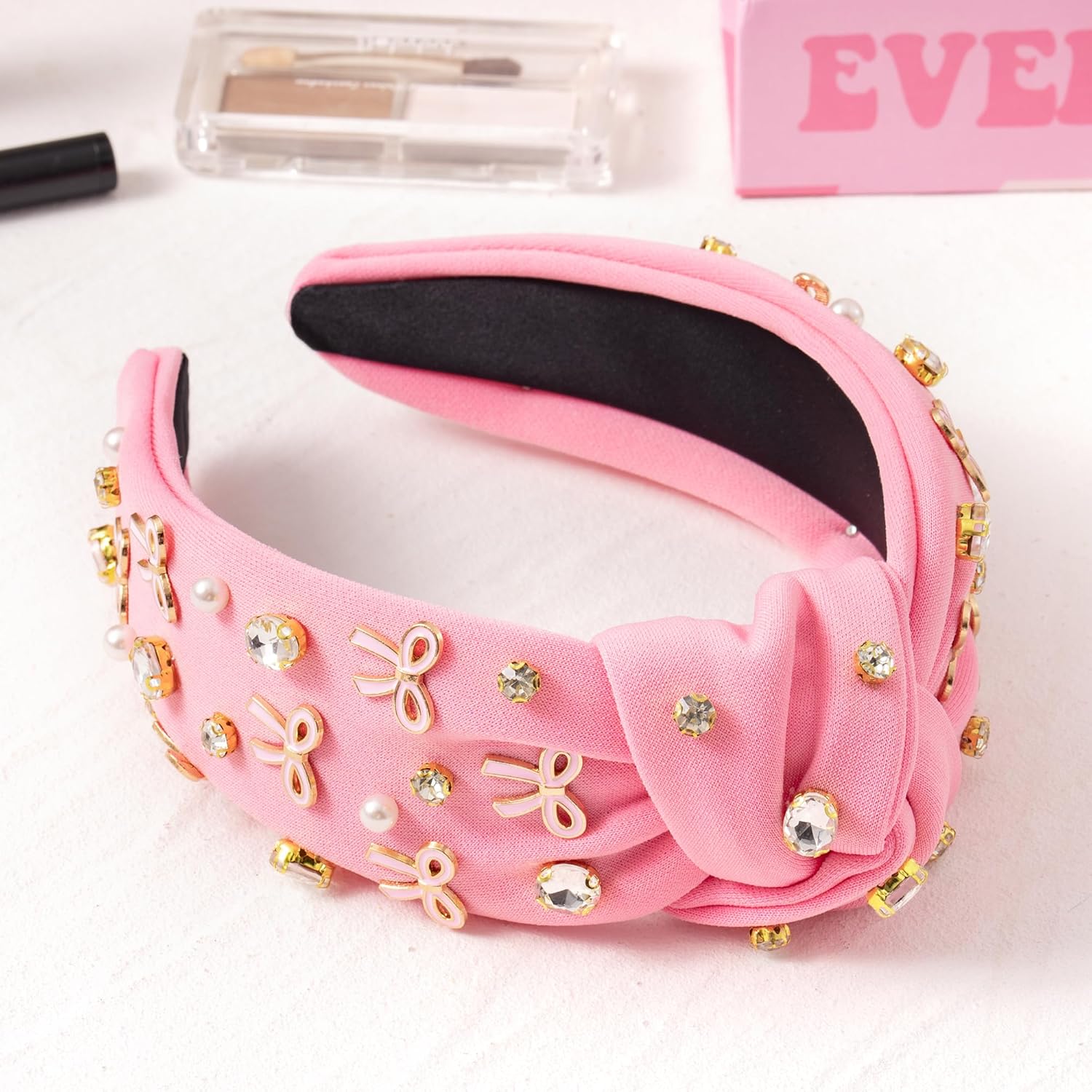 PANTIDE Coquette Pink Bow Jeweled Knotted Headband - Rhinestone Crystal Pearl Embellished Preppy Trendy Headband Wide Top Knot Non Slip Fashion Hair Accessories Birthday Gift for Women Girls (Pink) - Image 4