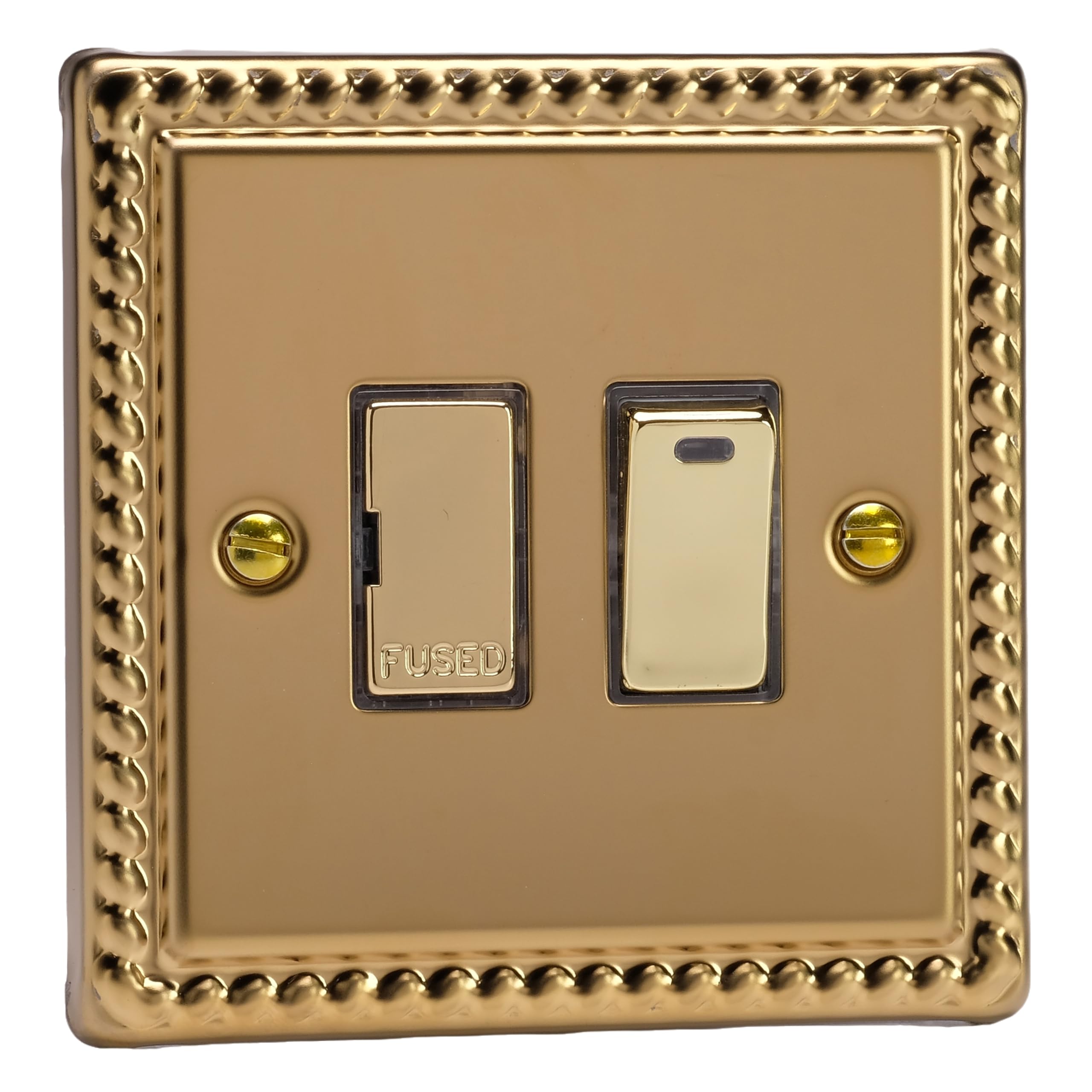 Varilight Switched Fused Spur with Neon - Classic Georgian Brass with Polished Brass Insert, XG6ND, 95x95x30mm