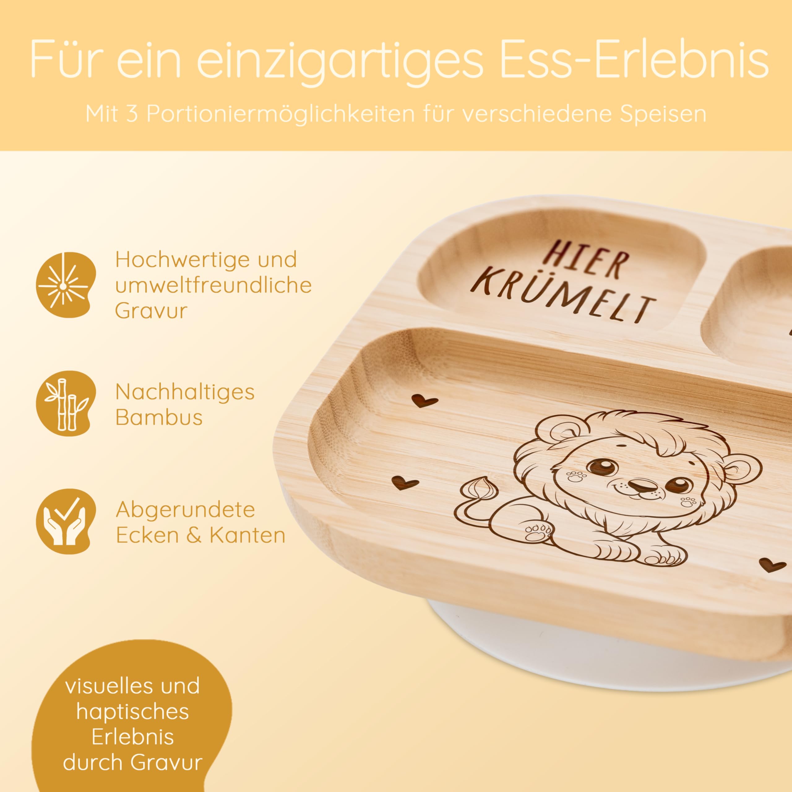 Bärenfreunde - Personalisierter Baby Teller mit Saugnapf - Praktisches Beikost Zubehör Säugling mit Namen - Kinder Teller Rutschfest - Personalisierte Geschenke Baby (Löwe)