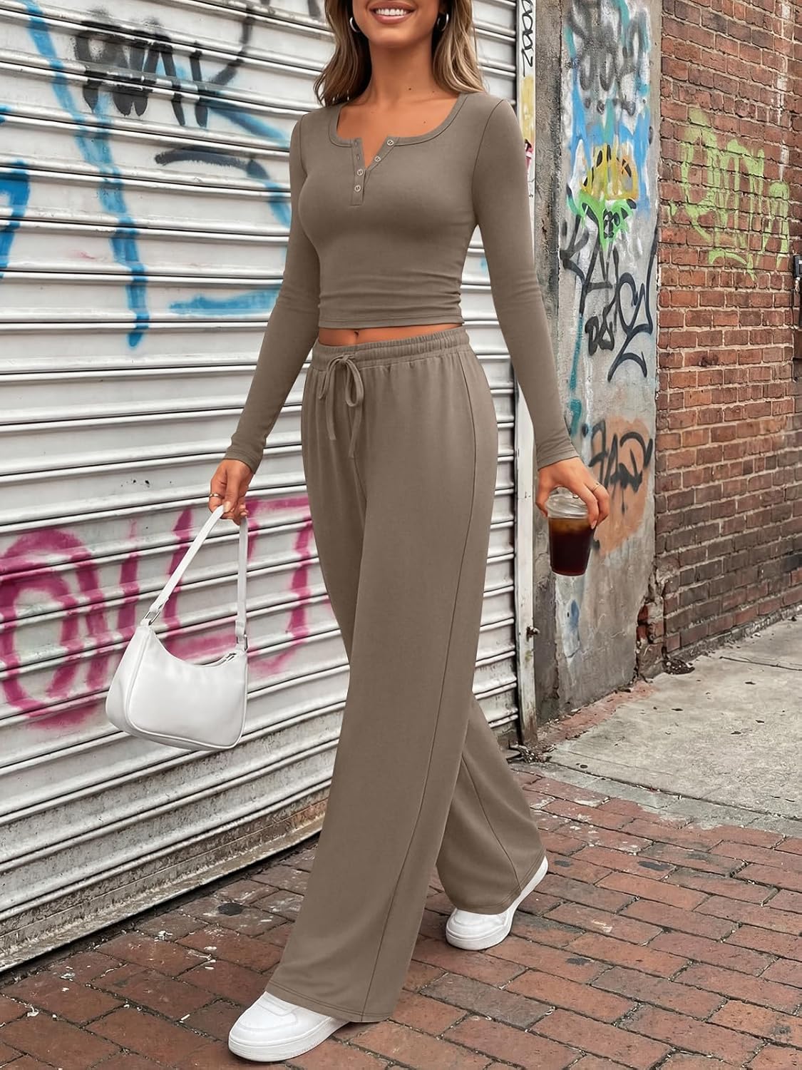 Trendy Queen Women's 2 Piece Matching Lounge Sets Long Sleeve Henley Neck Slightly Crop Top Wide Leg Pants Casual Sweat Suit - Image 3