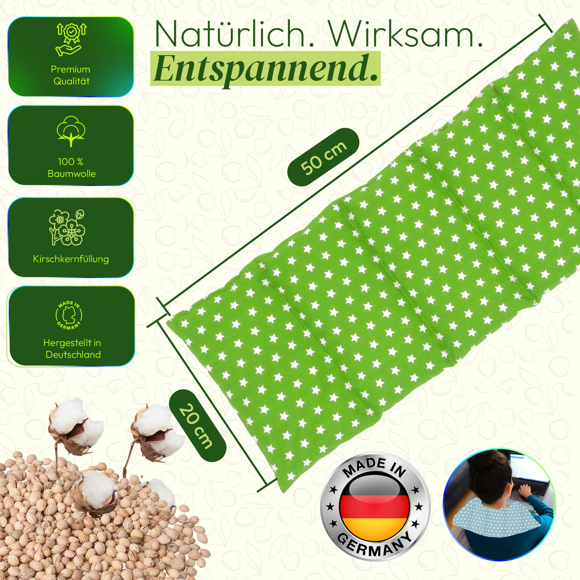Grande cuscino con noccioli di ciliegia – Cuscino riscaldante per forno a microonde (cuscino termico) – Cuscino lungo – Cuscino con noccioli di ciliegia (verde chiaro)