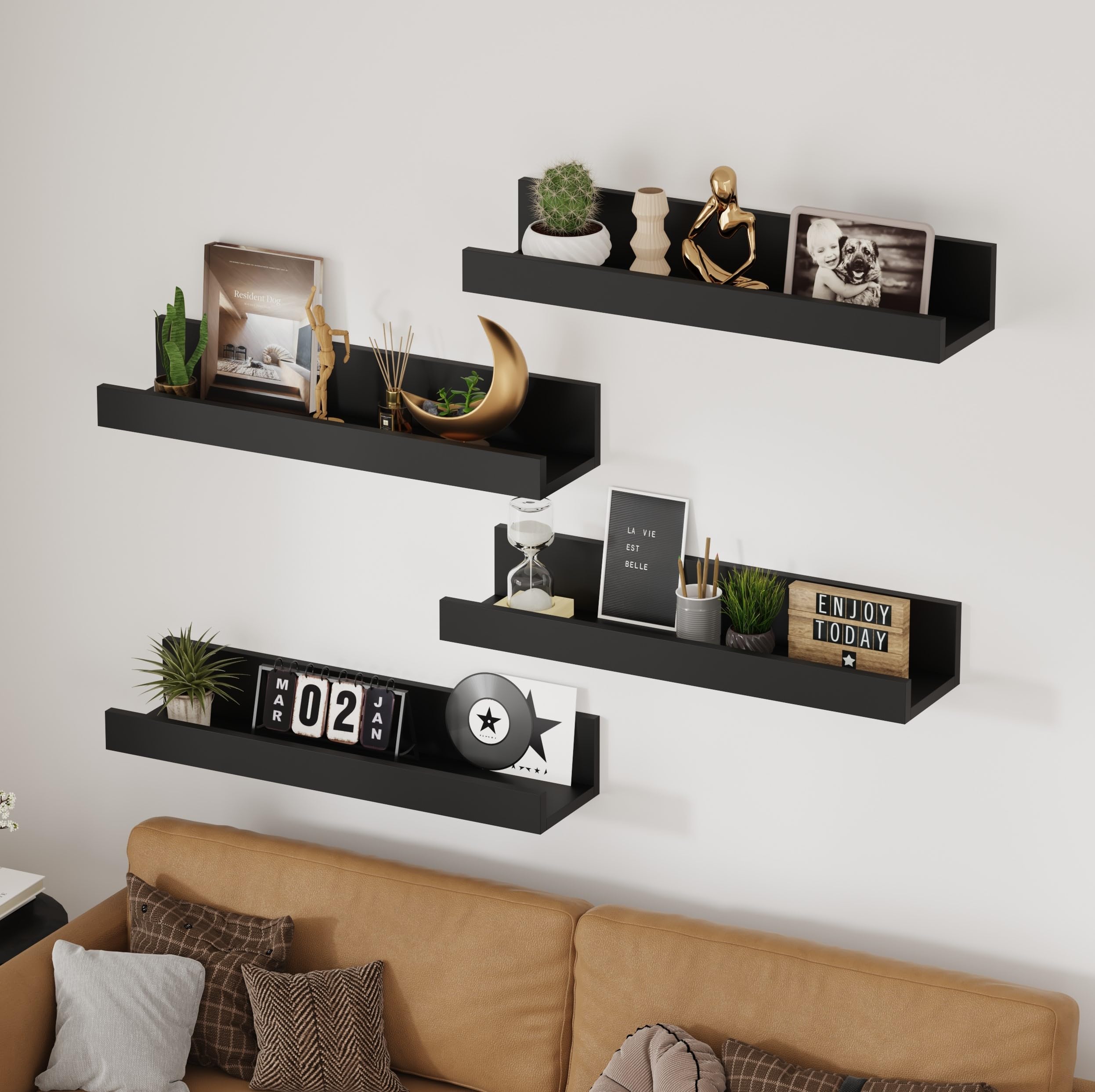 AVC Designs Floating Shelves, 60cm Shelves for wall, Wood Wall Shelves, Wooden Shelves for Bathroom, Bedroom, Office, Living Room, Kitchen, etc (4, Black)