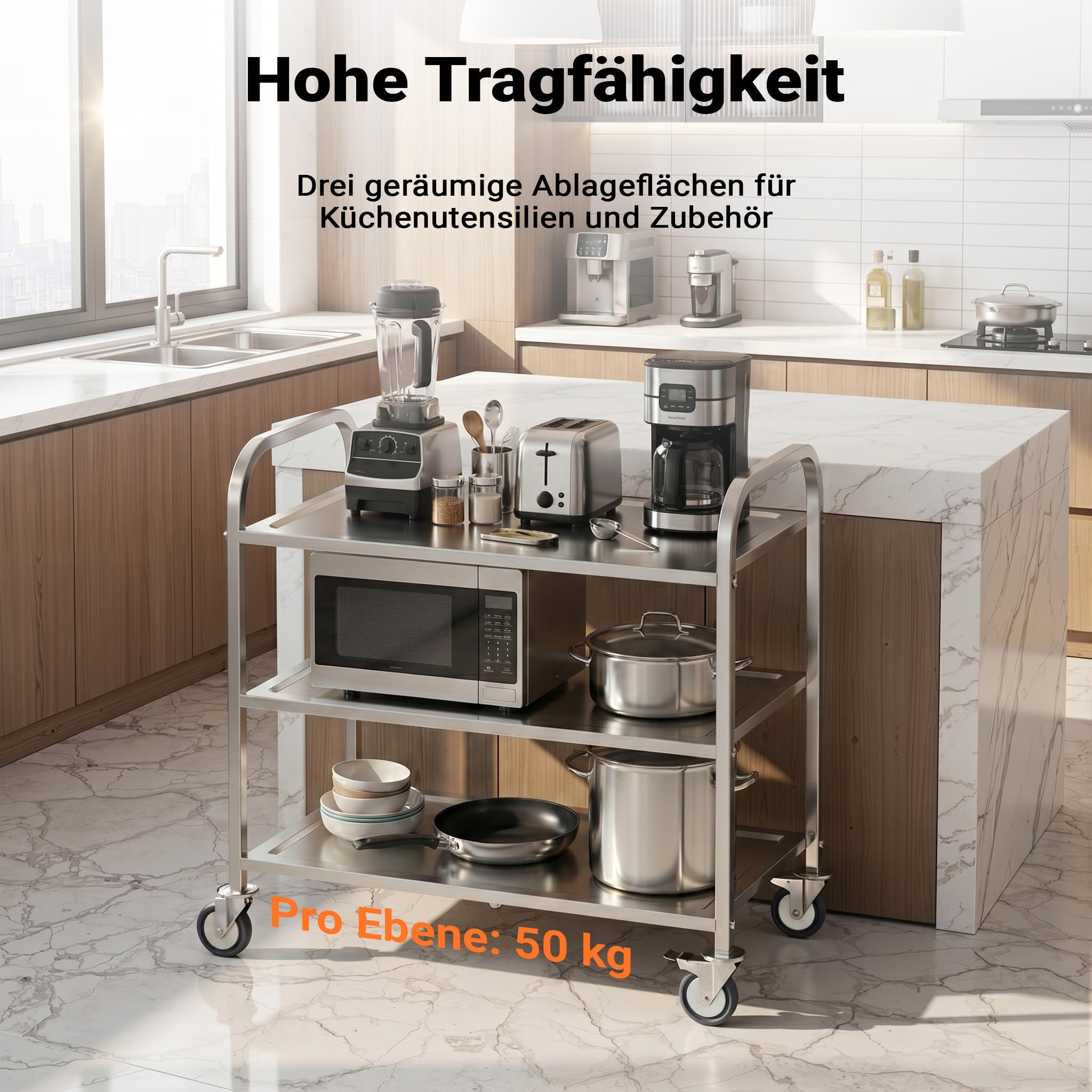 Wiltec Edelstahl Servierwagen 3 Etagen bis 150kg Küchenwagen Rollwagen Leichtlaufräder mit Bremsen