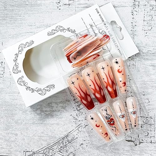 Miniatura 5 de Uñas postizas largas de acrílico de ataúd negro, uñas postizas de graffiti de color con diseños de remolinos brillantes, uñas artificiales para