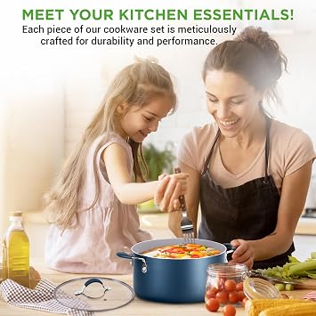 NutriChef High-Qualified Basic Kitchen Pots and Pans Set, 14 Piece Induction Compatible Nonstick Cookware Set- Non Toxic, Free of PTFE, PFOA, PFOS, Easy Clean and Release, One Size, Blue